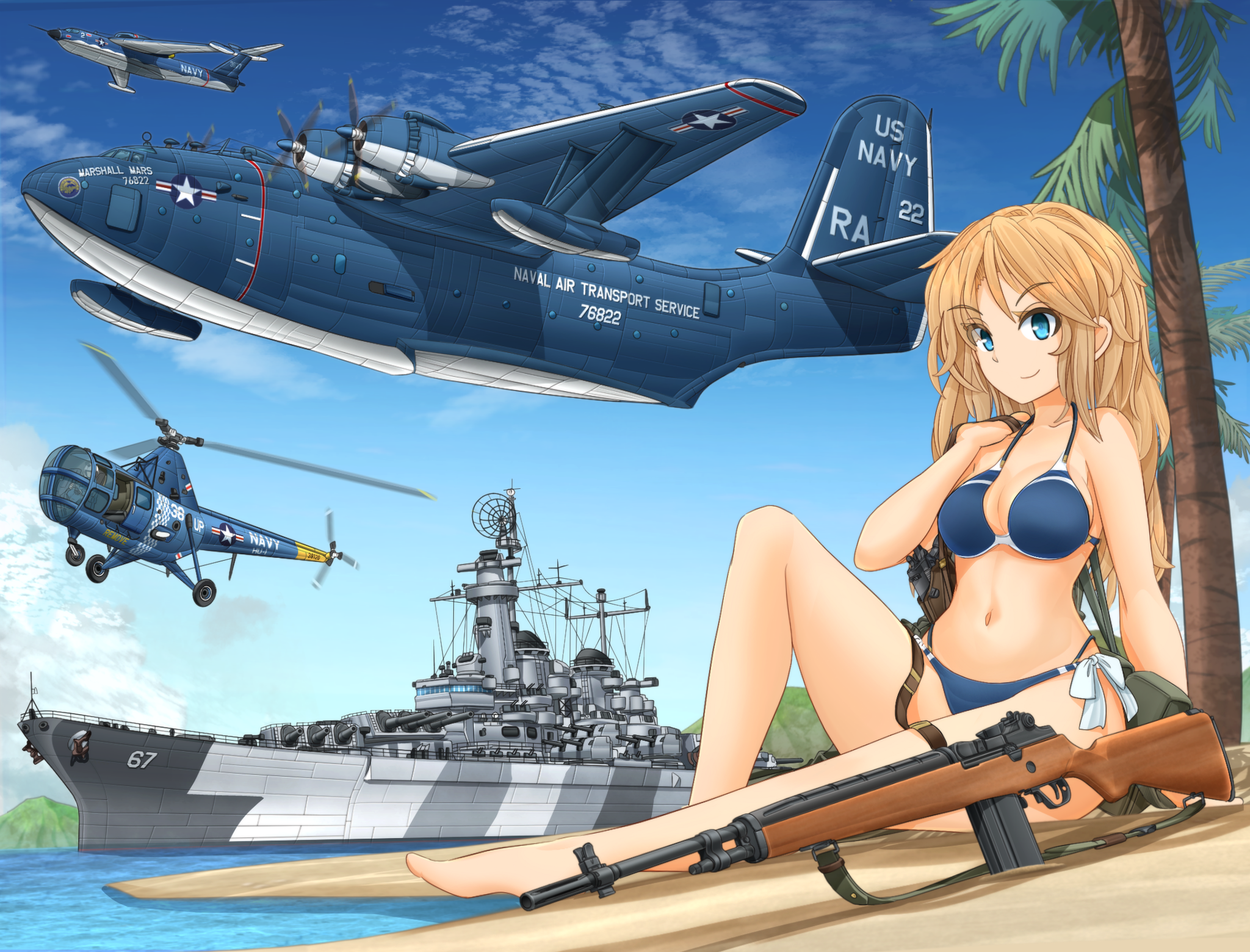 US Navy - Anime, Anime original, Anime art, US Navy, Flying boat, Battleship, Sikorsky, M14, , Swimsuit, Bikini