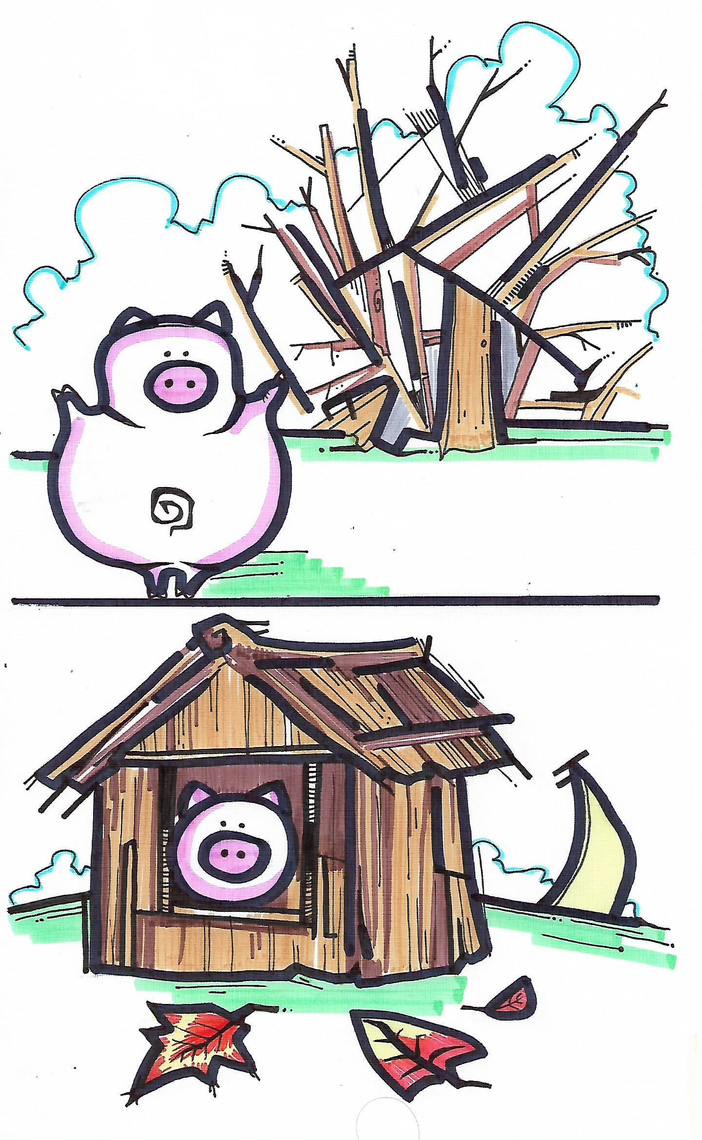 Three pigs - My, Illustrations, Story, Marker, Felt-tip pen, Minimalism, Longpost