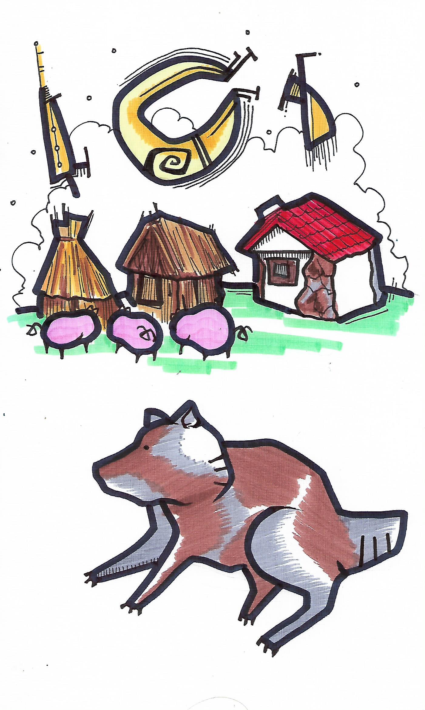 Three pigs - My, Illustrations, Story, Marker, Felt-tip pen, Minimalism, Longpost