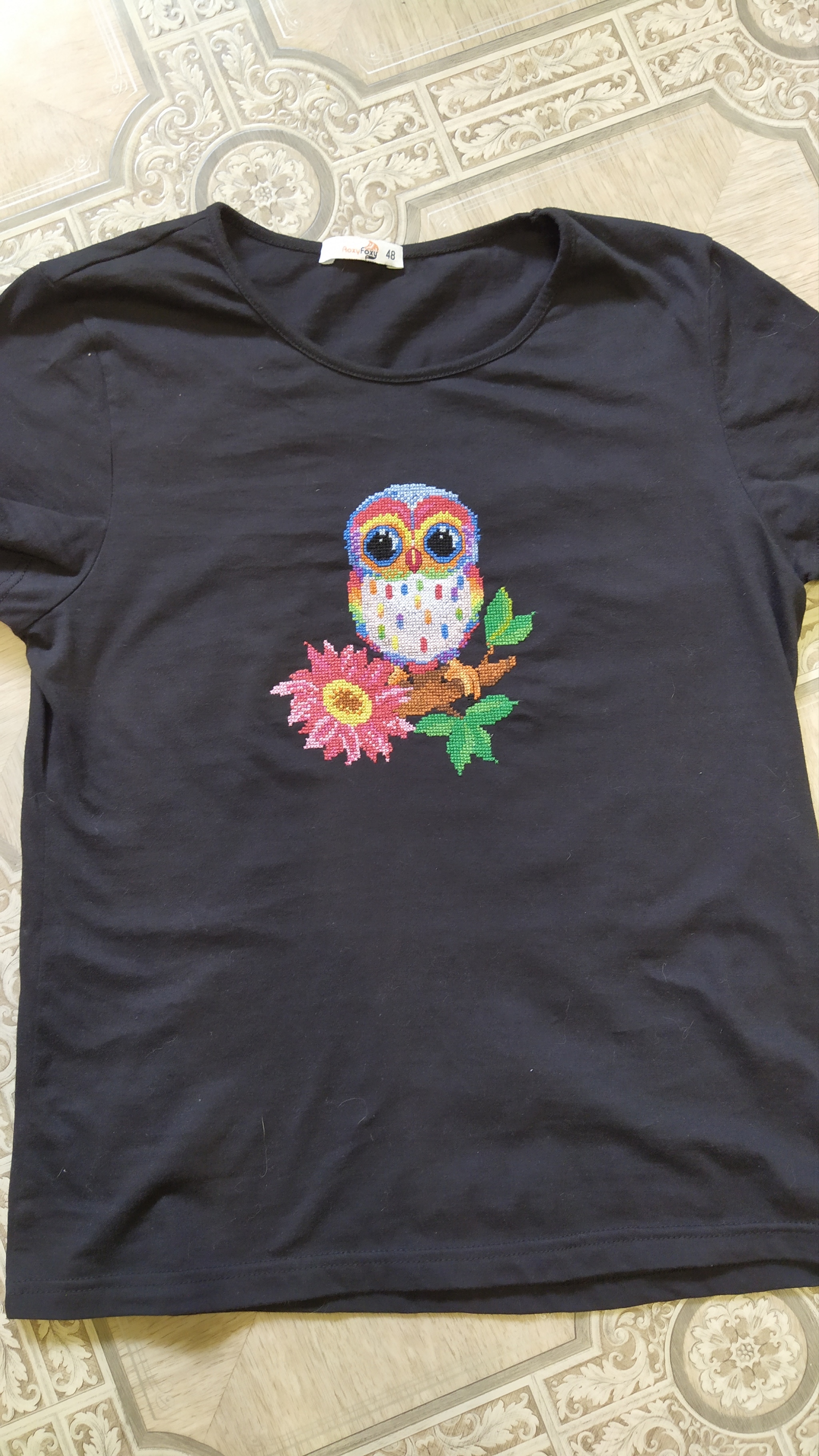 Owl - My, Needlework without process, Cross-stitch, T-shirt, Embroidery, Handmade, Owl, Longpost