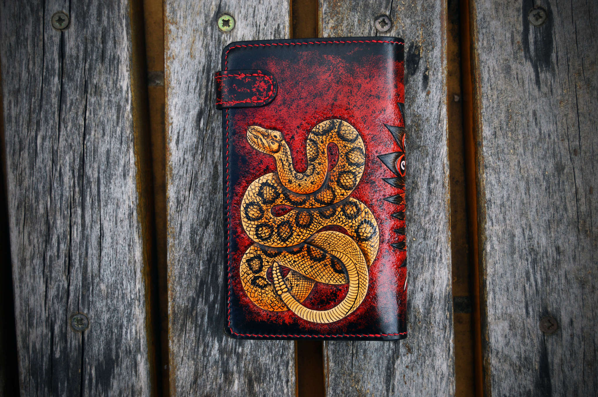 Embossed clutch - My, Indian, Rattlesnake, Snake, Clutch, Embossing on leather, Leather, Needlework without process, Longpost