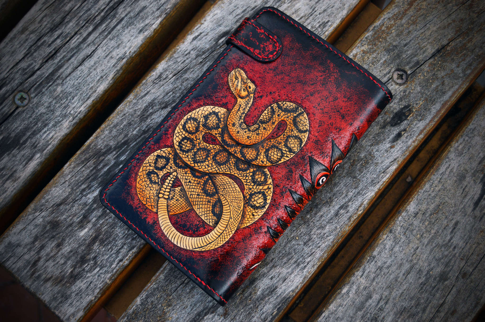 Embossed clutch - My, Indian, Rattlesnake, Snake, Clutch, Embossing on leather, Leather, Needlework without process, Longpost