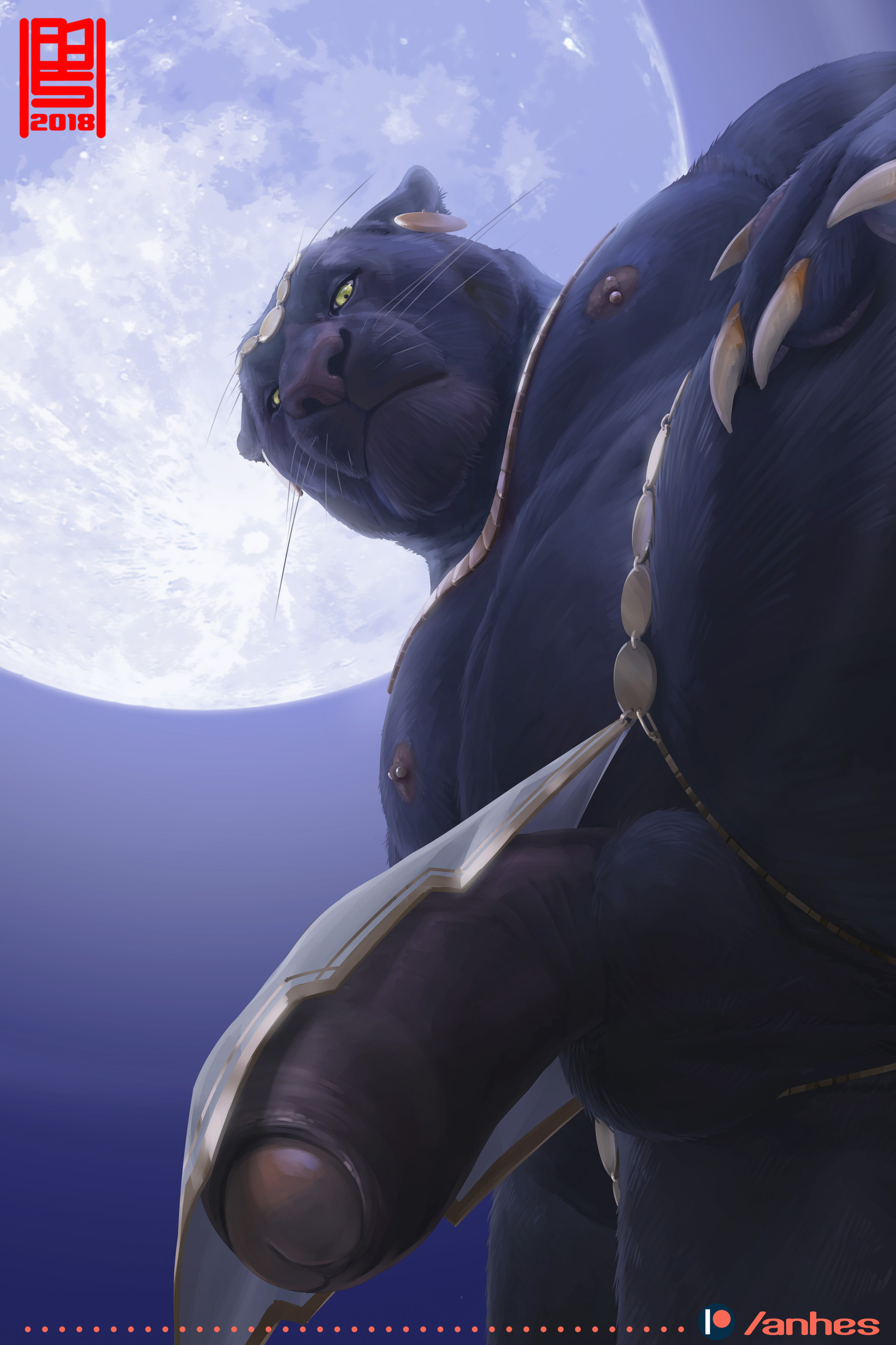 Under the moonlight - NSFW, Furry, Furry art, Furry feline, Furry Panther, Furotica male, Yiff, Penis, Longpost, Anhes