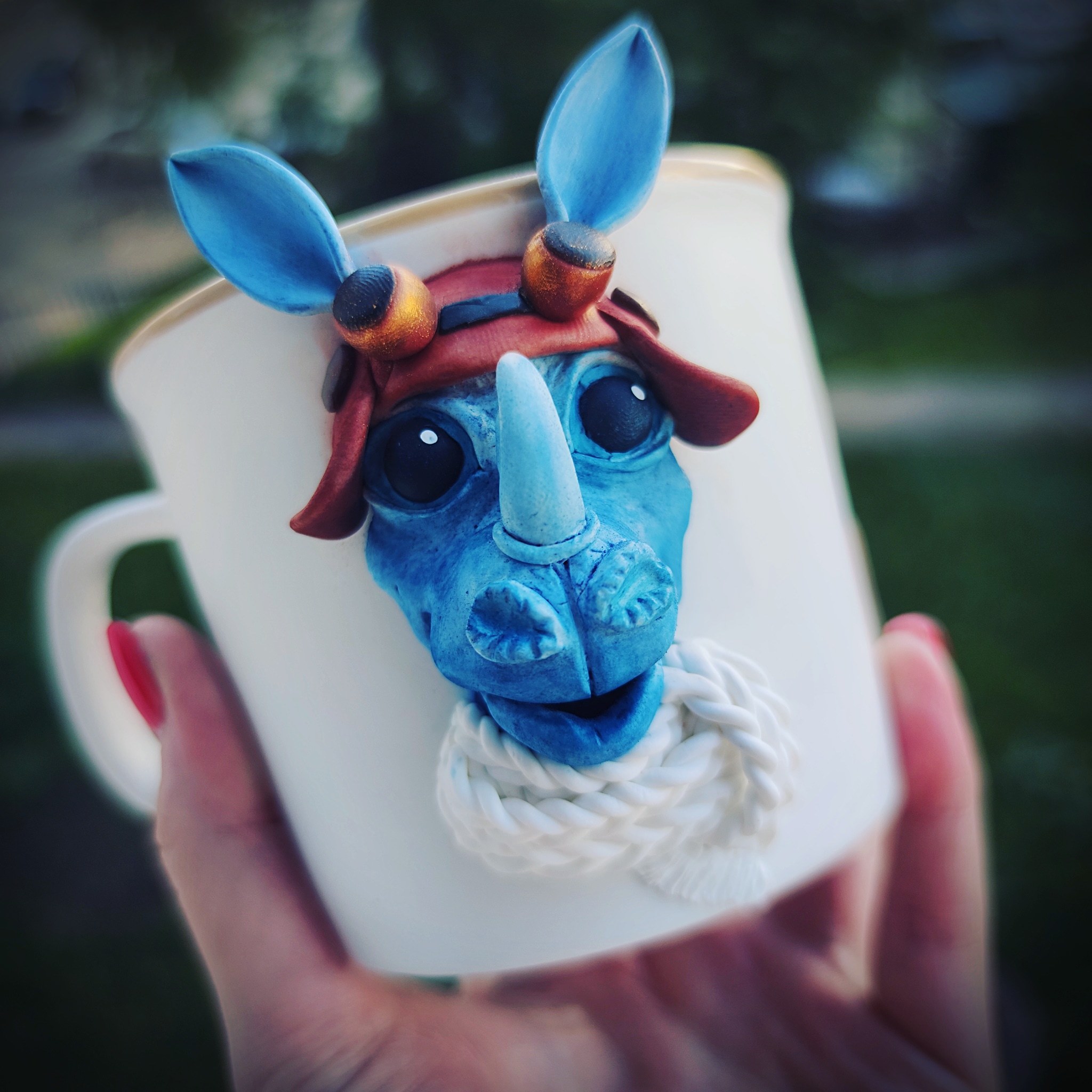 Mug Lama and Rhino - My, Mask, Polymer clay, Needlework without process, Handmade, Rhinoceros, Llama, Mug with decor