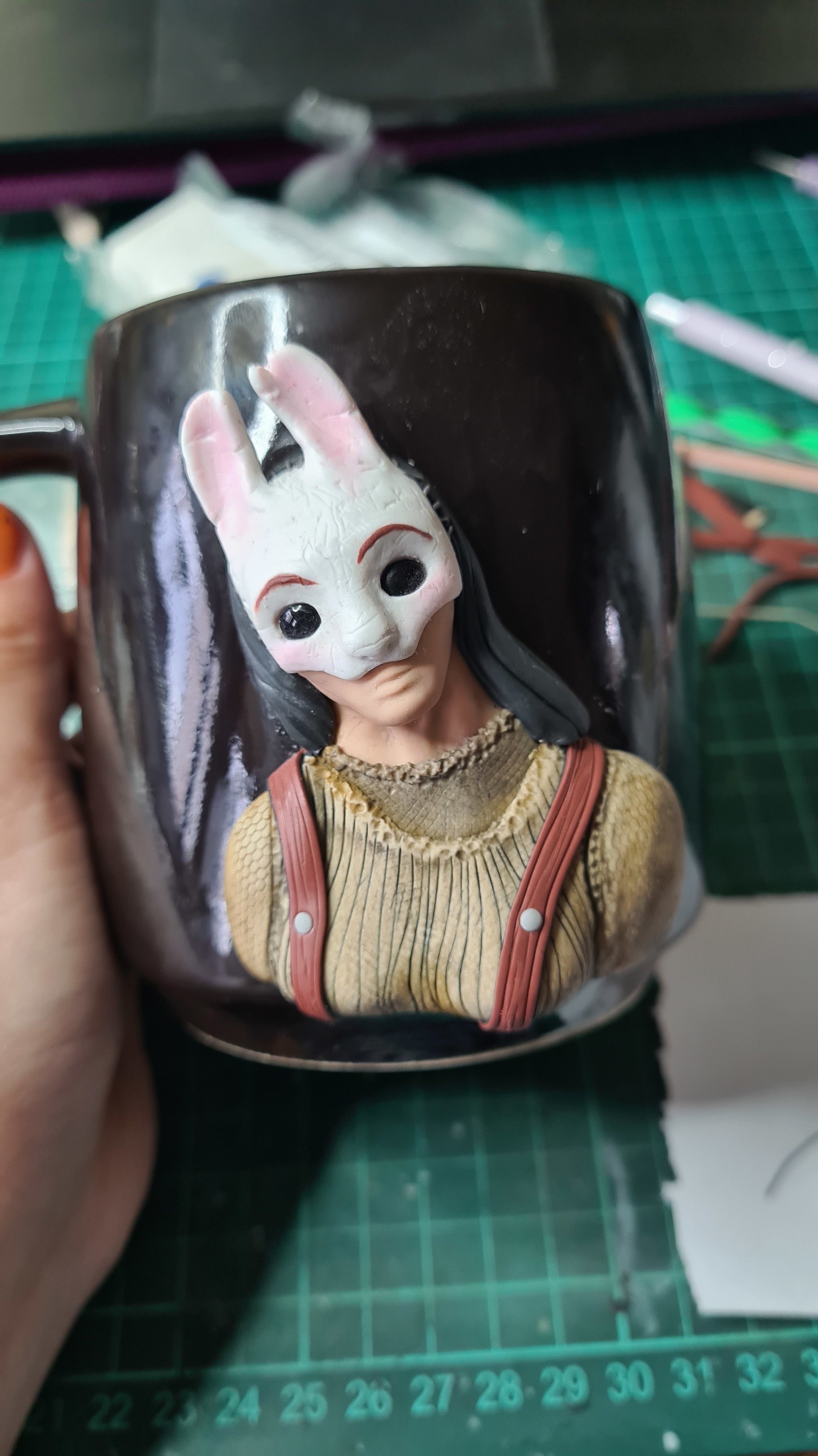 Annushka from DbD on a mug - My, Dead by daylight, Annushka, Handmade, Needlework without process, Mug with decor, Polymer clay, Video, Longpost