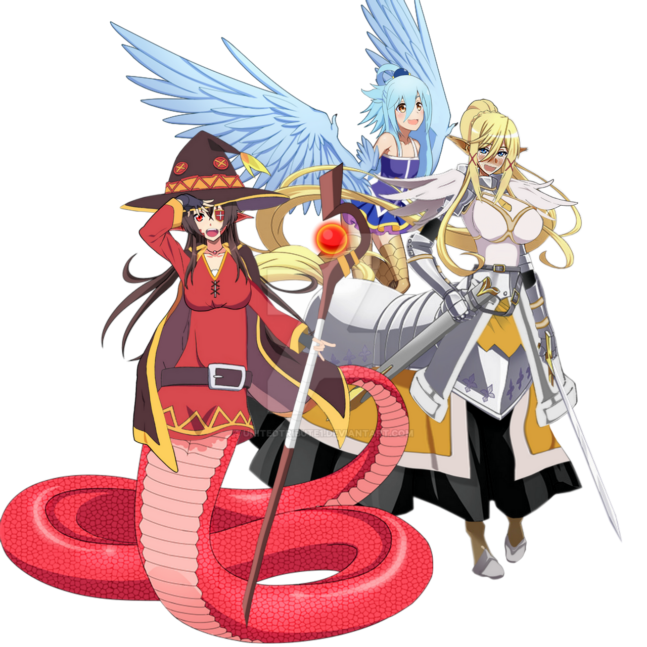 They have become even more useless! - Konosuba, Monster musume no iru nichijou, Anime art, Anime, Longpost, Crossover, Monster girl, Aqua, Megumin, , Darkness