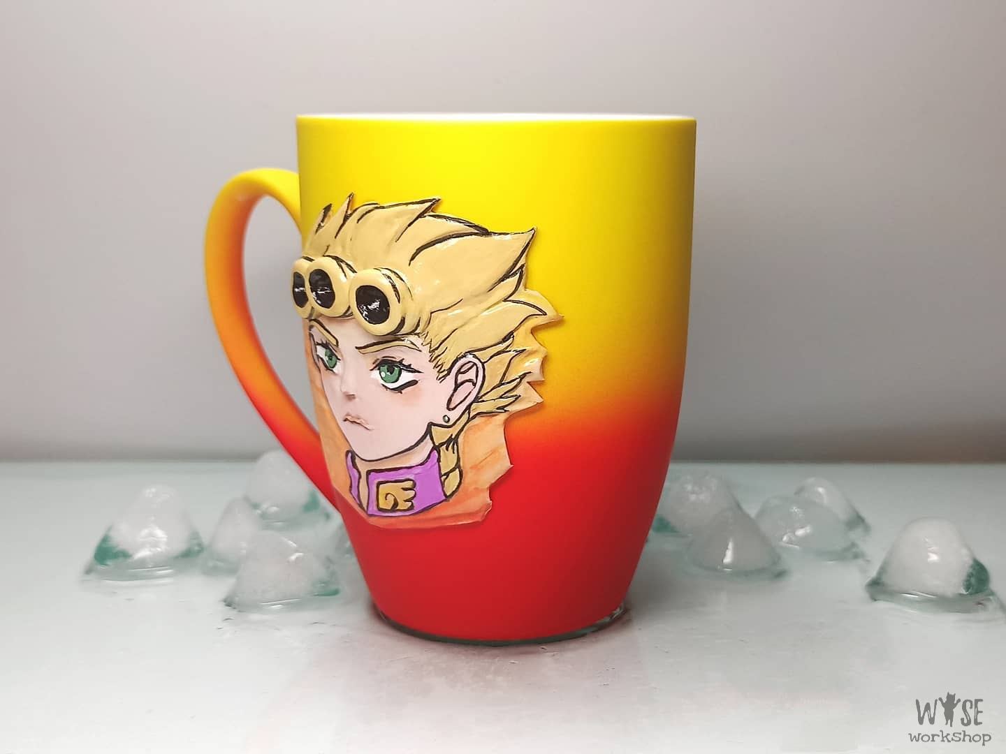 Mug decorated with Giorno Giovanna from Jojo's bizarre adventure - My, Mug with decor, Anime, Jojos bizarre adventure, JoJo Reference, Polymer clay, With your own hands, Creation, Art, , Needlework without process, Longpost