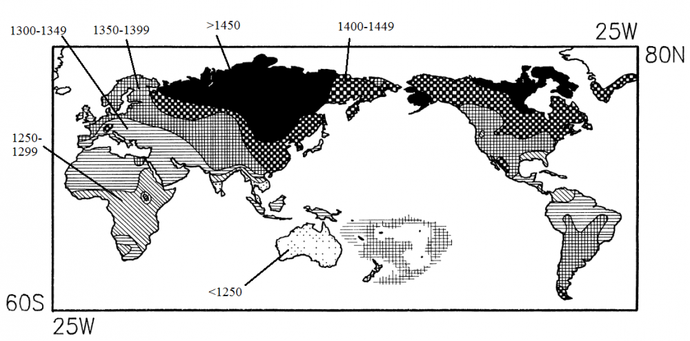 Map of brain volume (in cubic centimeters) in indigenous peoples - Anthropology, Geography, Cards