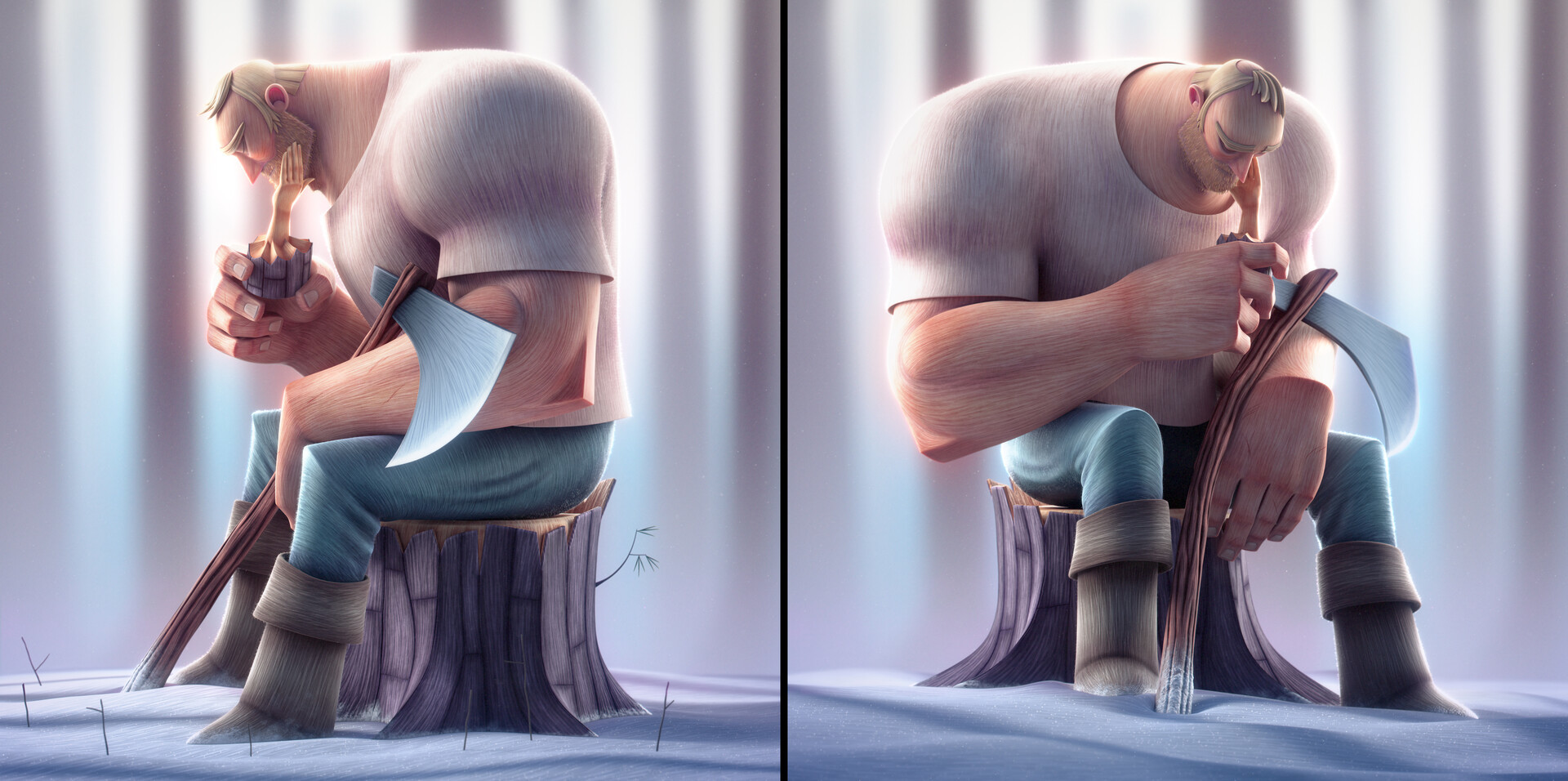 lone lumberjack - Art, Drawing, Render, 3D, Men, Lumberjack, Loneliness