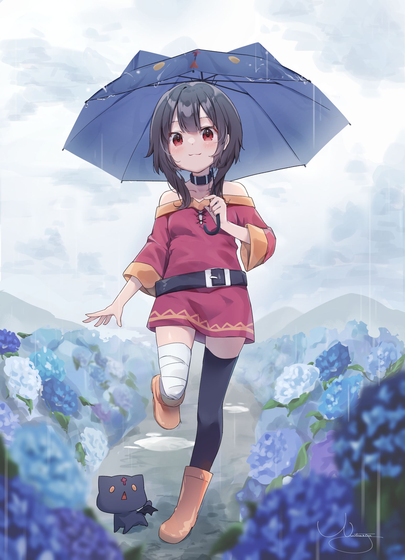 Rain season - Anime, Anime art, Konosuba, Megumin, Rain, Umbrella, Chomusuke