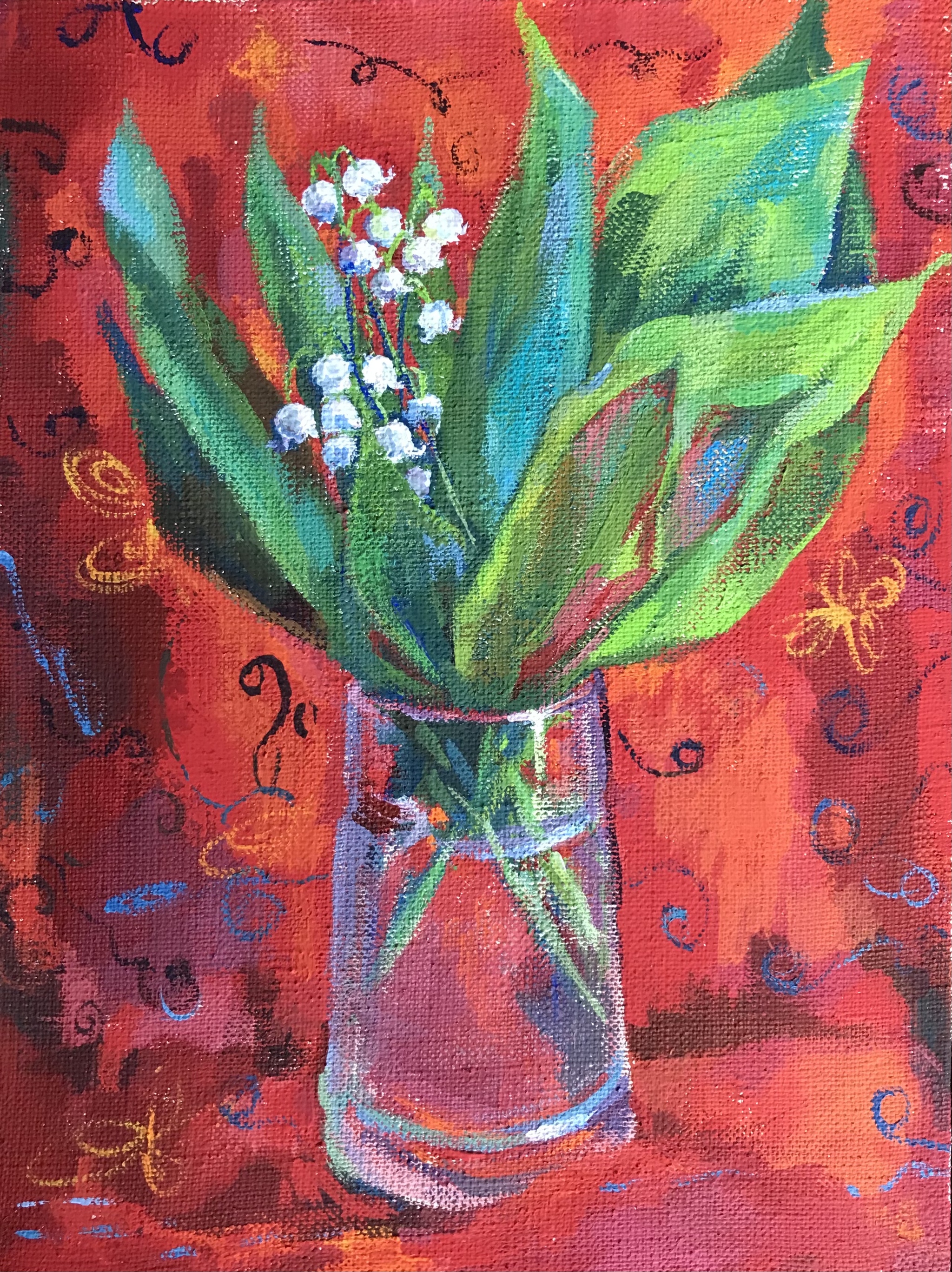 Lilies of the valley on red - My, Lilies of the valley, Luboff00, Summer, Tempera