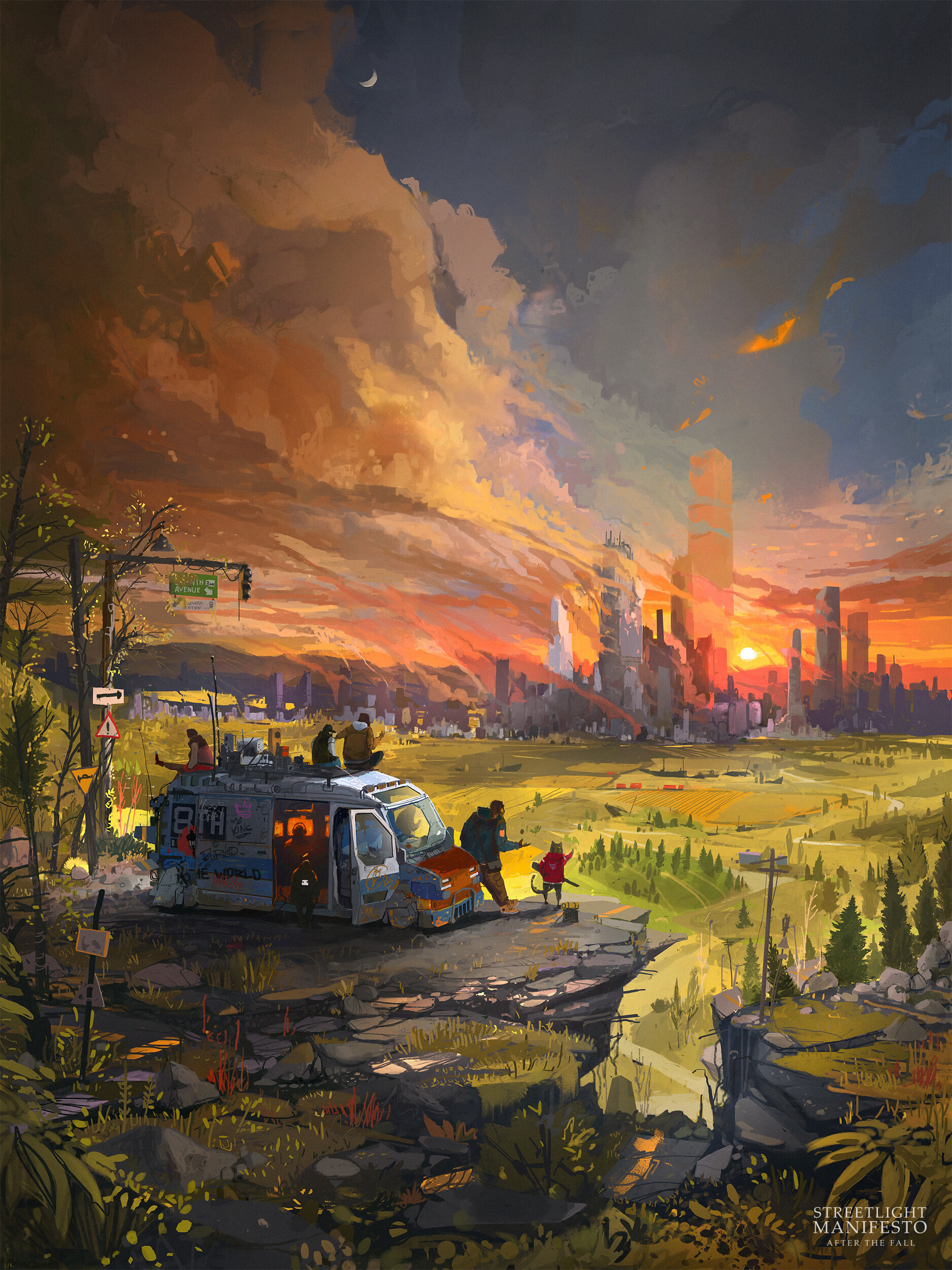 Sunset - Art, Drawing, Sunset, Town, Post apocalypse