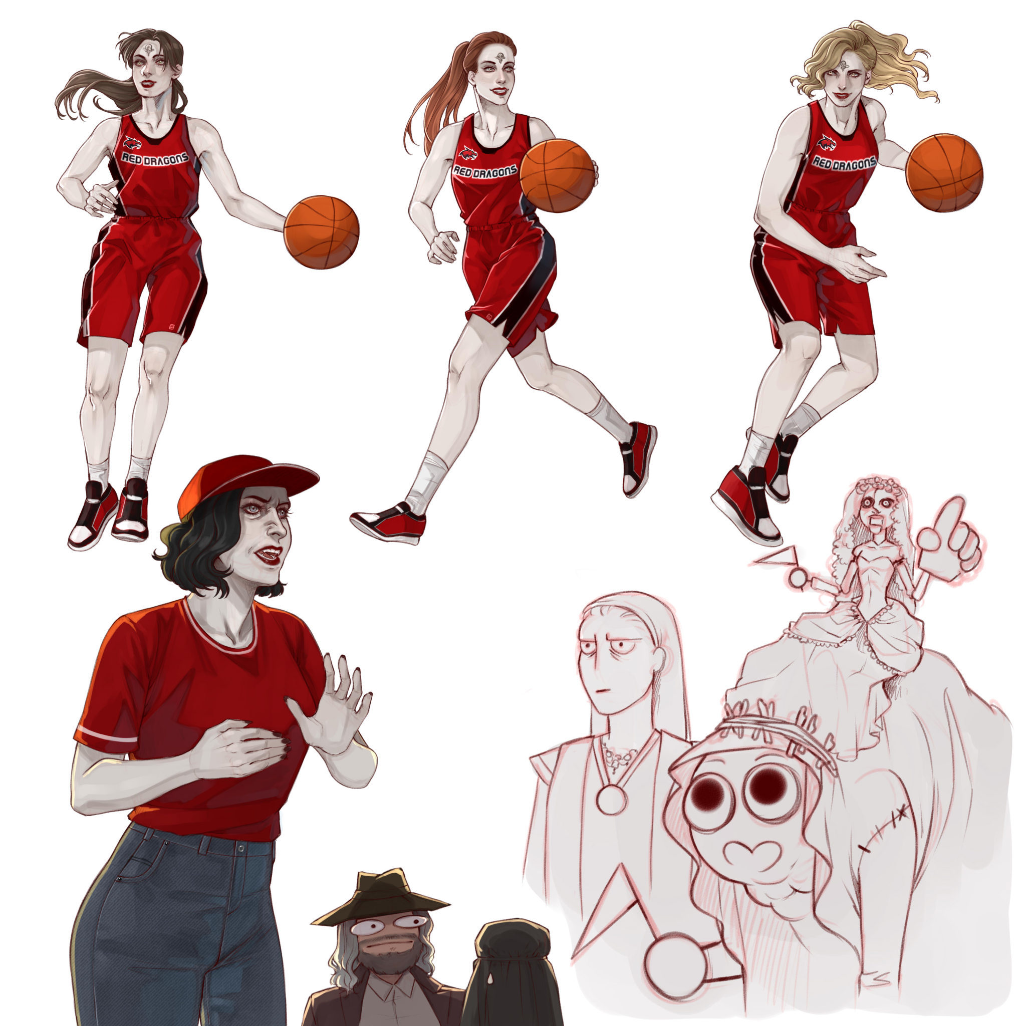 Team Dimitrescu - Girls, Vampires, Games, Computer games, Resident evil, Lady Dimitrescu - Resident Evil, Resident Evil 8: Village, Art, , Fan art, Longpost, , , , , Basketball, Bela Dimitrescu, Cassandra Dimitrescu, Daniela Dimitrescu, Karl Heisenberg