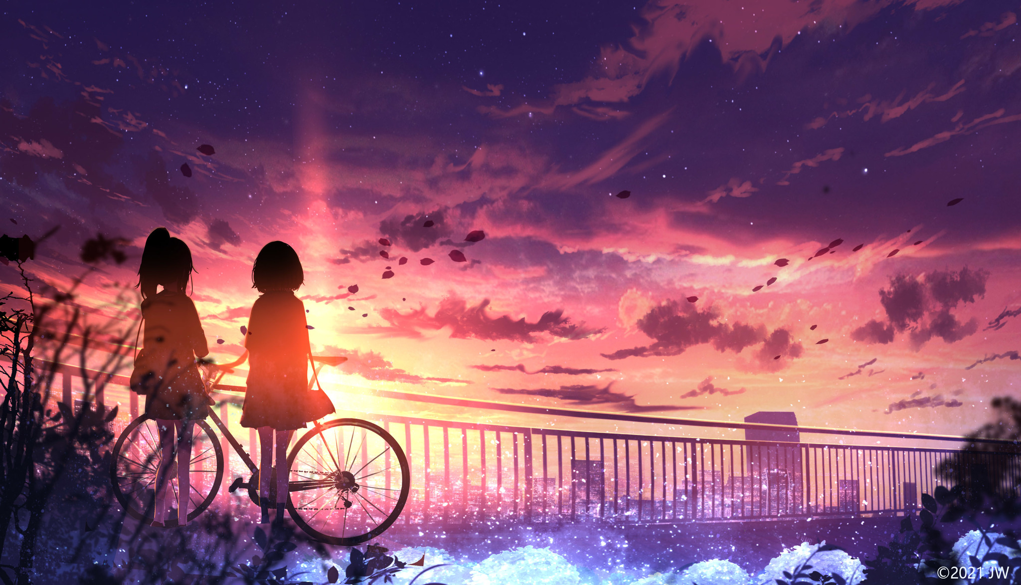 A little beauty for you - Anime, Anime art, Anime original, Landscape, beauty, Sunset, Stars, 2D, Longpost