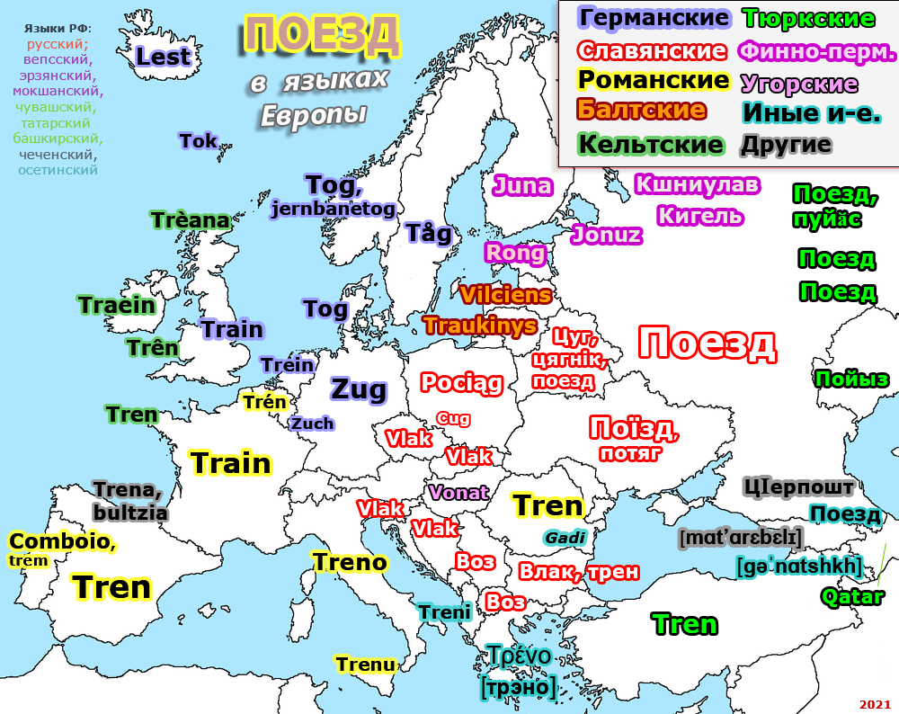 Train in the languages ??of Europe - Cards, A train, Foreign languages, Vocabulary, The words, Vocabulary, Languages of Europe