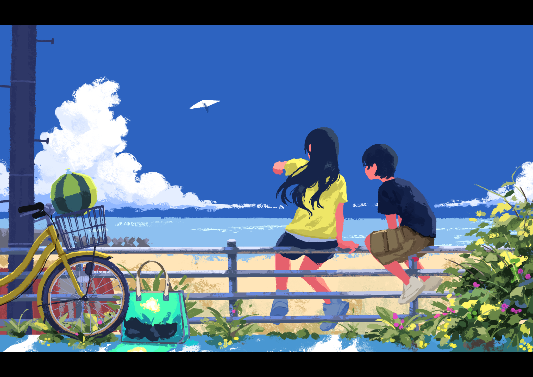 Summer - Anime, Anime art, Anime original, Art, Sea, Summer, Beach, A bike