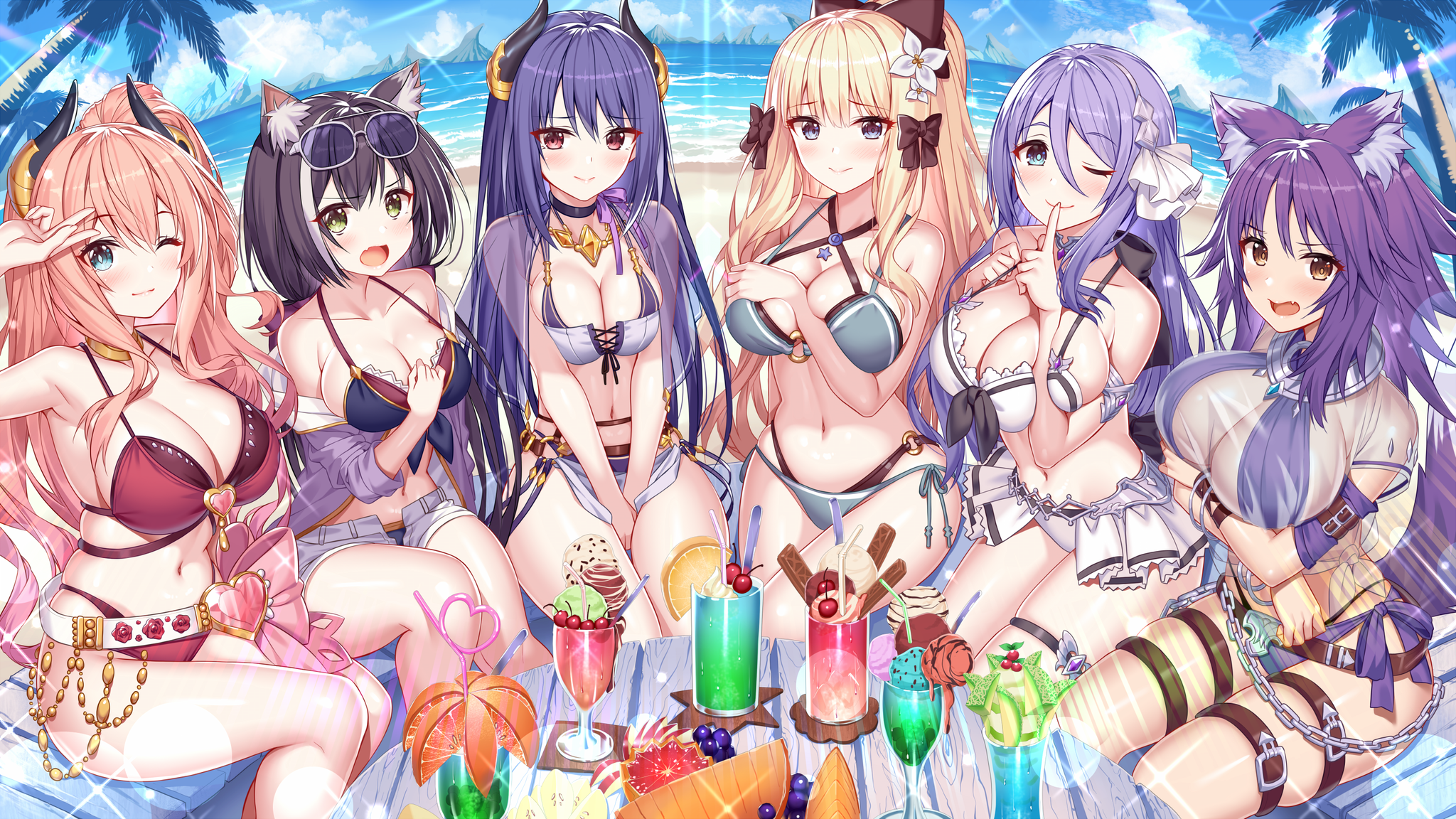 PriConne girls - NSFW, Anime art, Anime, Girls, Swimsuit, Princess Connect! Re: Dive, Kyaru, Aki Makoto, Saren Sasaki, Kiruya Momochi