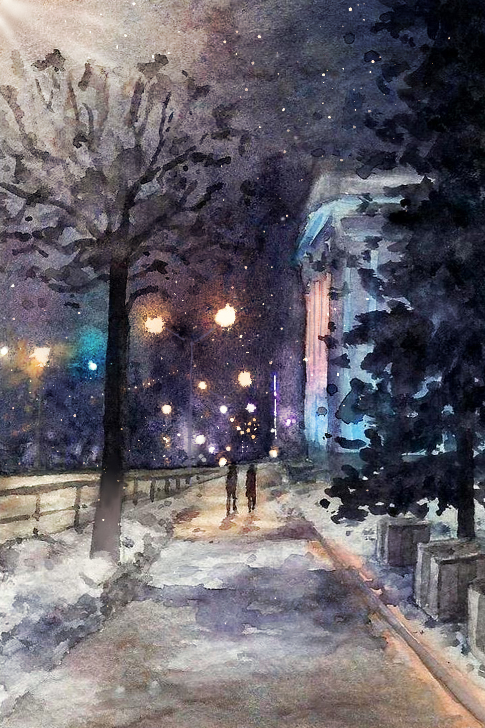 Winter evening - My, Creation, Landscape, Painting, Art, Drawing, Painting, Watercolor, Cheboksary