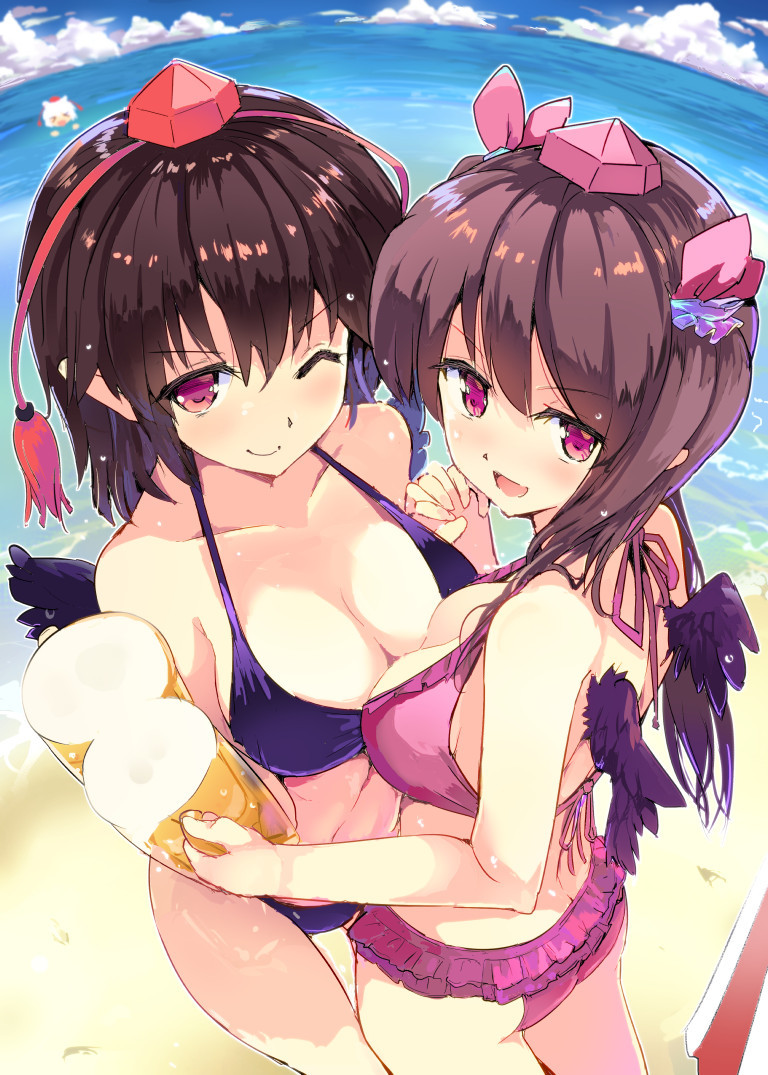 Hatate & Aya - NSFW, Touhou, Himekaidou hatate, Shameimaru aya, Anime art, Anime, Puuakachan, Swimsuit, Boobs, , Hand-drawn erotica, Erotic