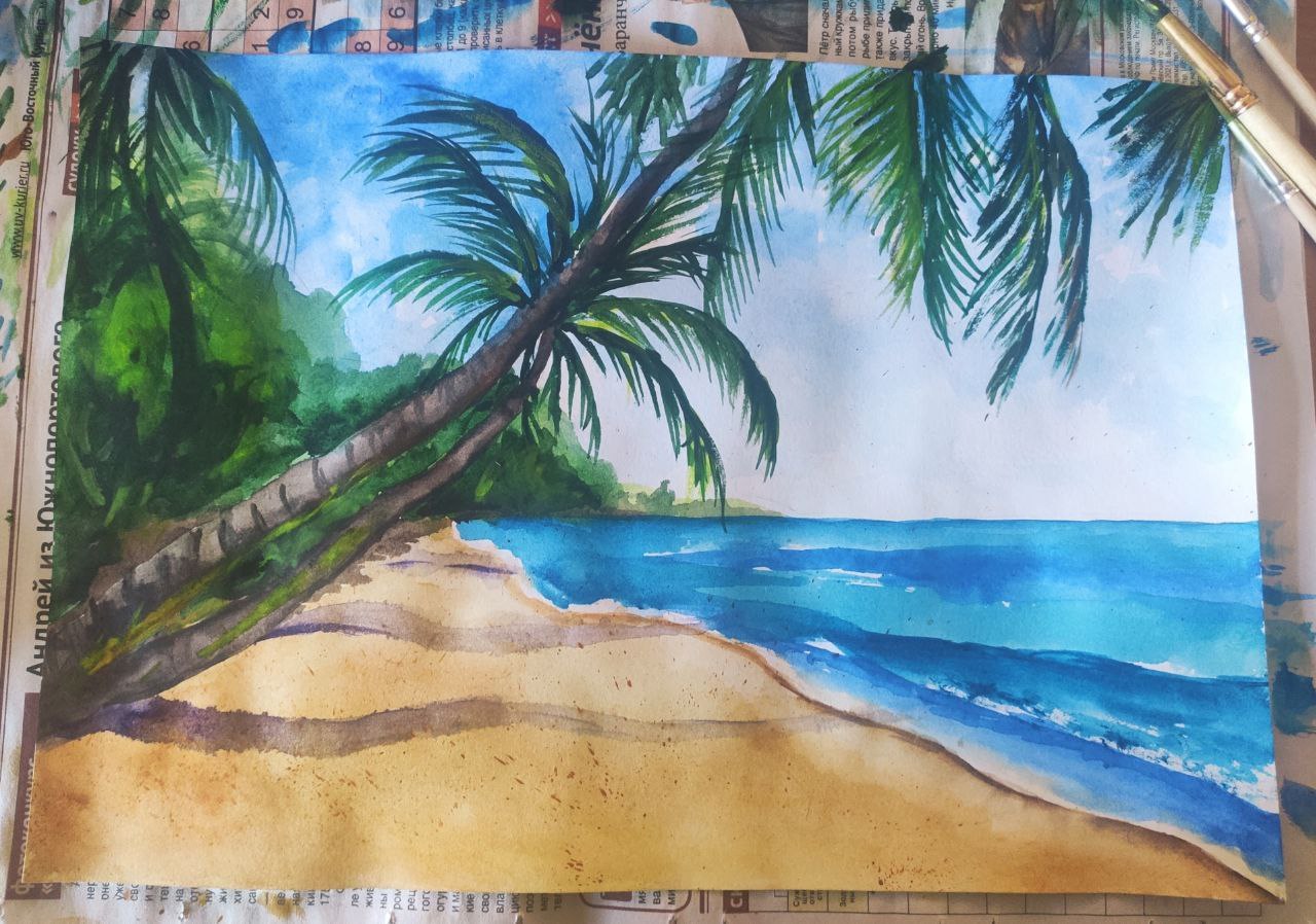 Watercolor with process - My, Watercolor, Beach, Summer, Palm trees, Creation, Longpost