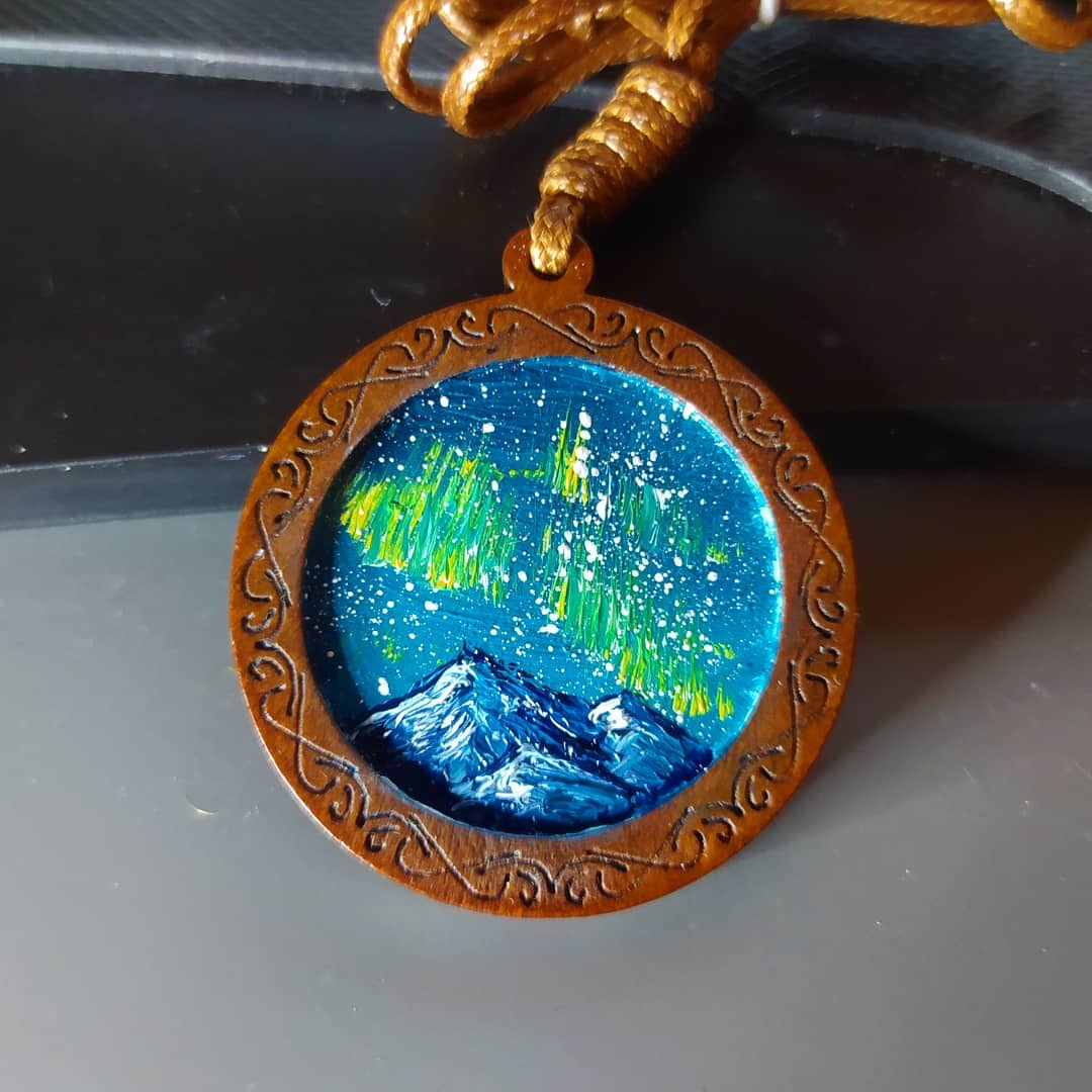 Brooches and pendants - starry sky - My, Starry sky, Sky, Oil painting, Painting, Miniature, Art, Butter, Forest, , The mountains, Stars, Wood ornaments, Decoration, Brooch, Pendant, Comet, Longpost