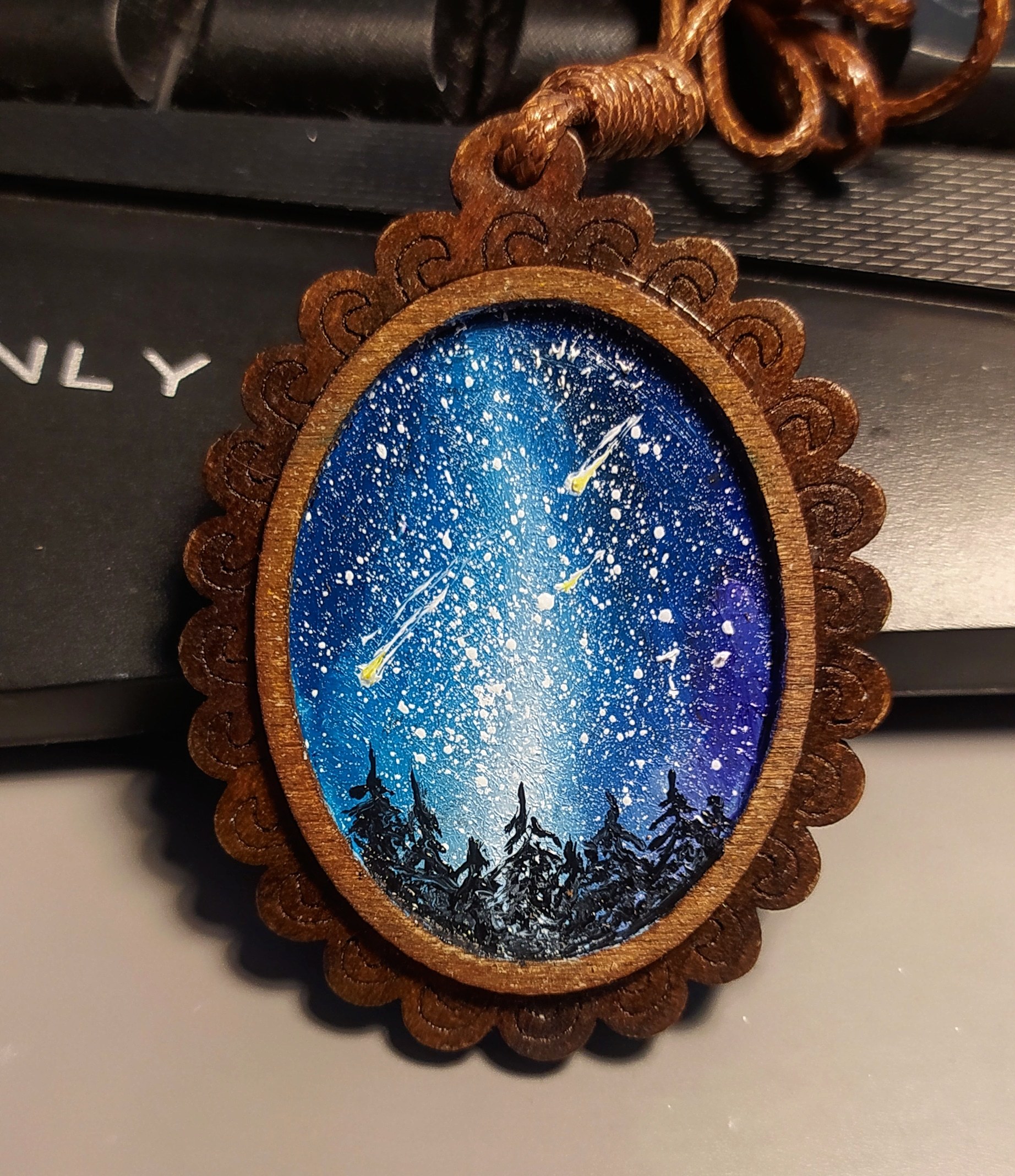 Brooches and pendants - starry sky - My, Starry sky, Sky, Oil painting, Painting, Miniature, Art, Butter, Forest, , The mountains, Stars, Wood ornaments, Decoration, Brooch, Pendant, Comet, Longpost