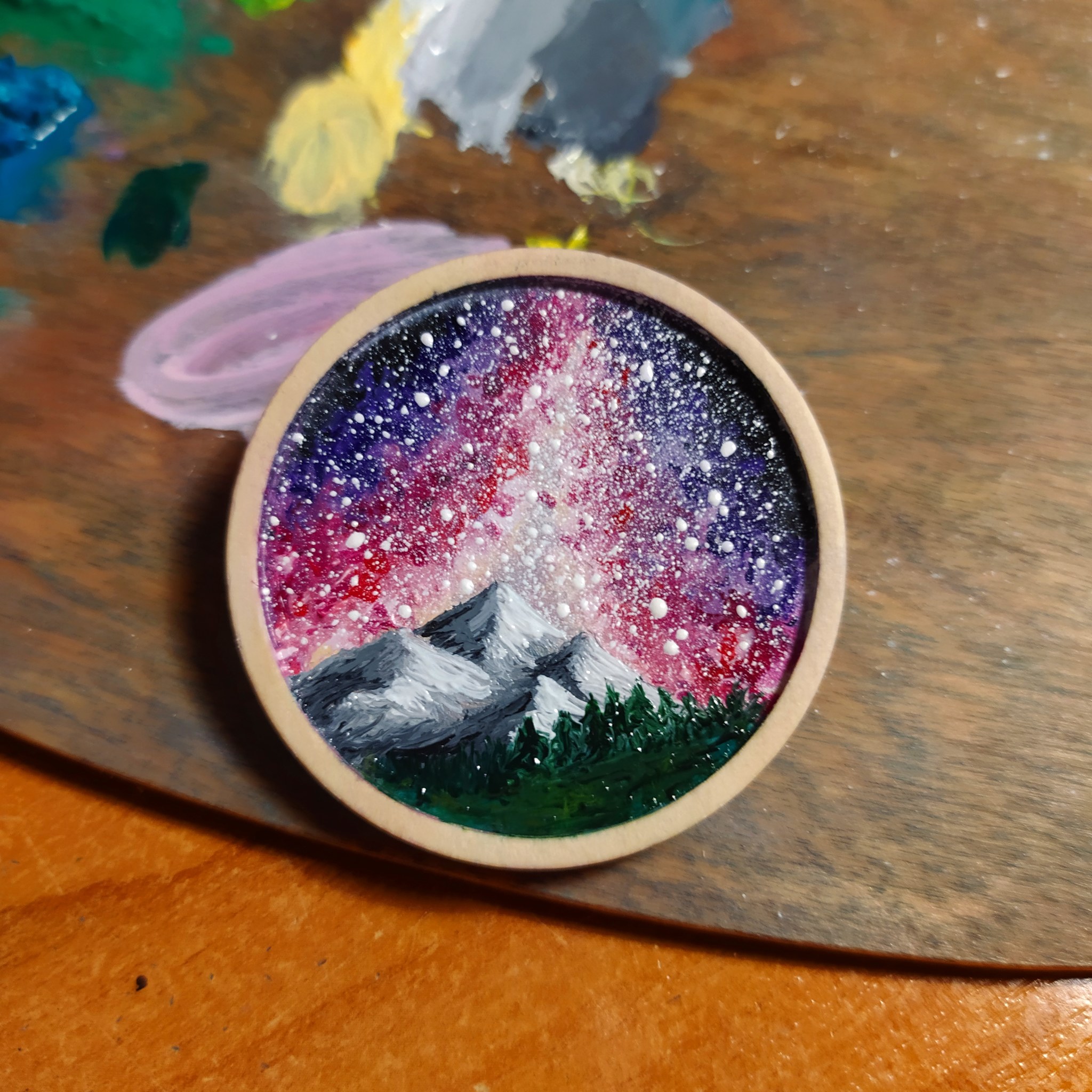 Brooches and pendants - starry sky - My, Starry sky, Sky, Oil painting, Painting, Miniature, Art, Butter, Forest, , The mountains, Stars, Wood ornaments, Decoration, Brooch, Pendant, Comet, Longpost