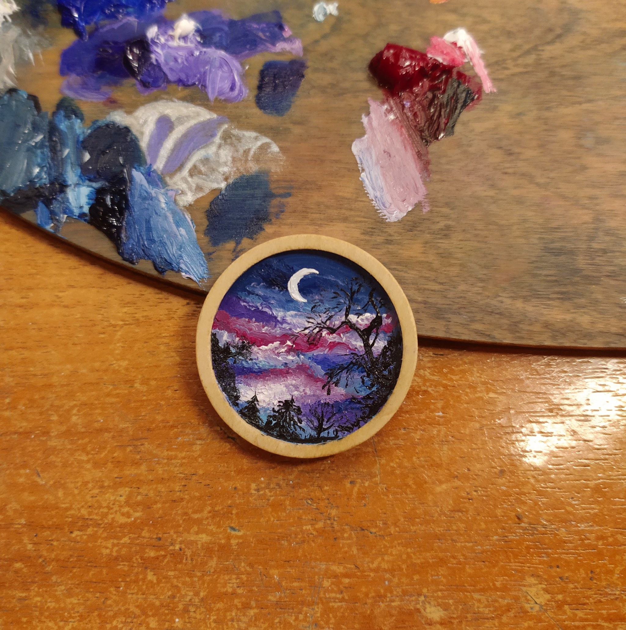 Brooches and pendants - starry sky - My, Starry sky, Sky, Oil painting, Painting, Miniature, Art, Butter, Forest, , The mountains, Stars, Wood ornaments, Decoration, Brooch, Pendant, Comet, Longpost