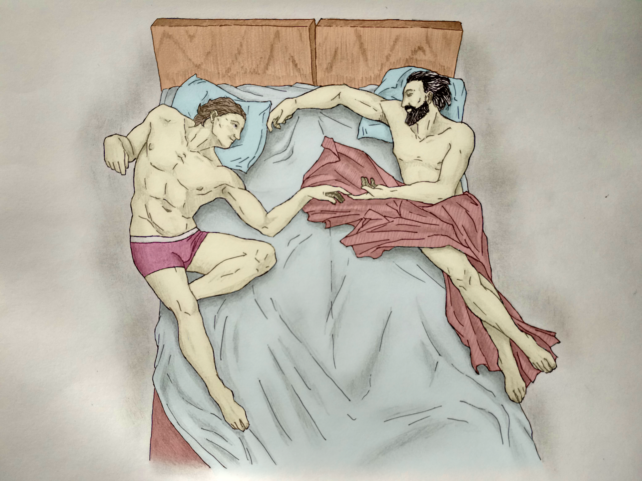 When it's hot as hell - My, Art, Drawing, Creation of Adam, Heat, Summer, Bed, Images, Caricature, , Vital, Relationship, LGBT