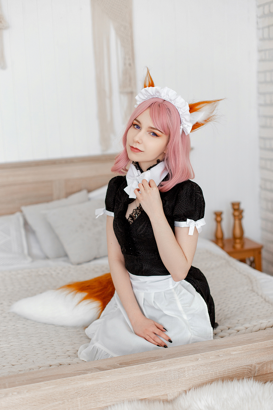 kitsune maid - My, Cosplay, Anime, Kitsune, Housemaid, Longpost, Pink hair, Girls, Tail