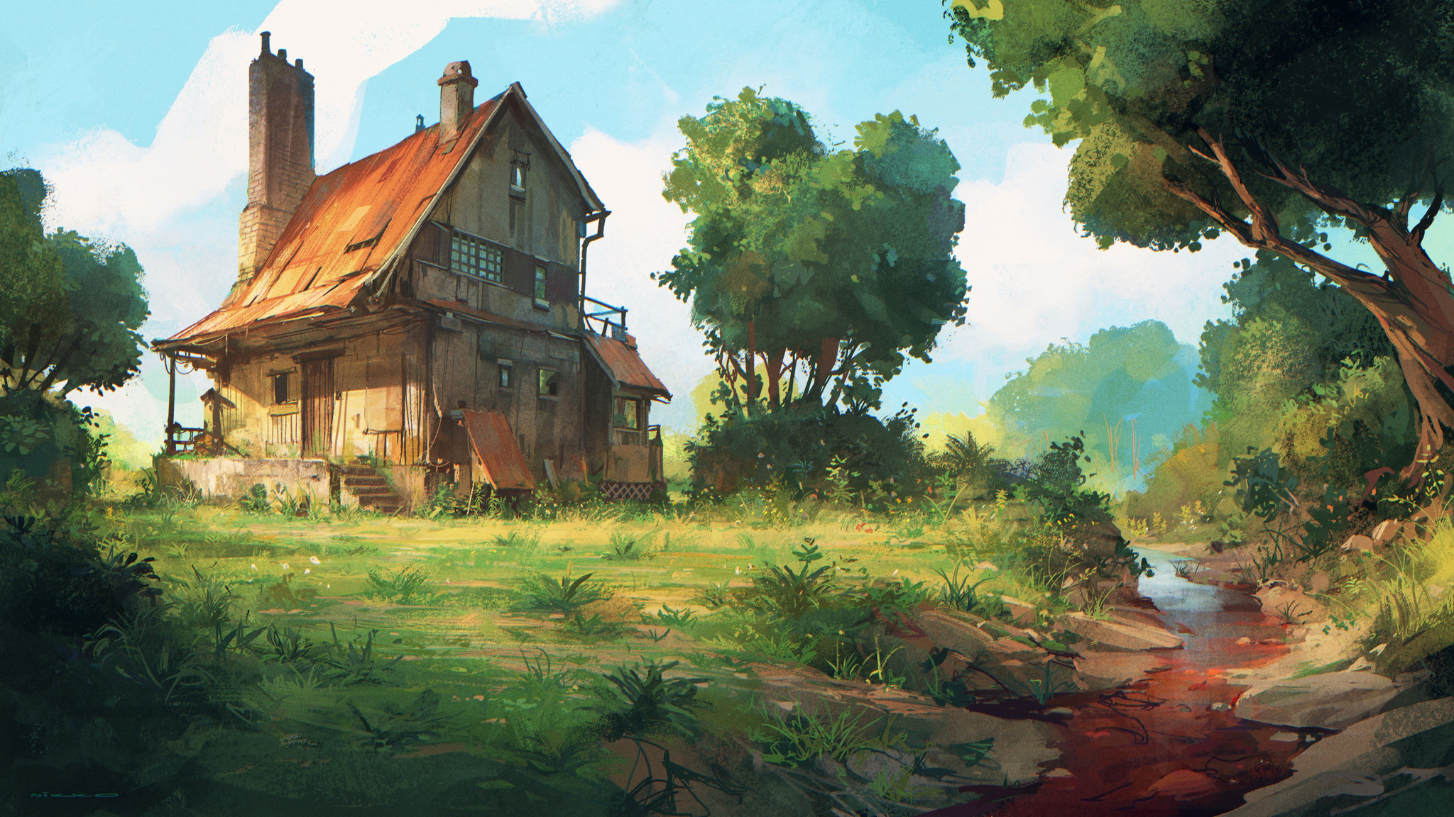 Old house by the stream - Drawing, House, Summer, Stream, Nikolai Lockertsen, Art