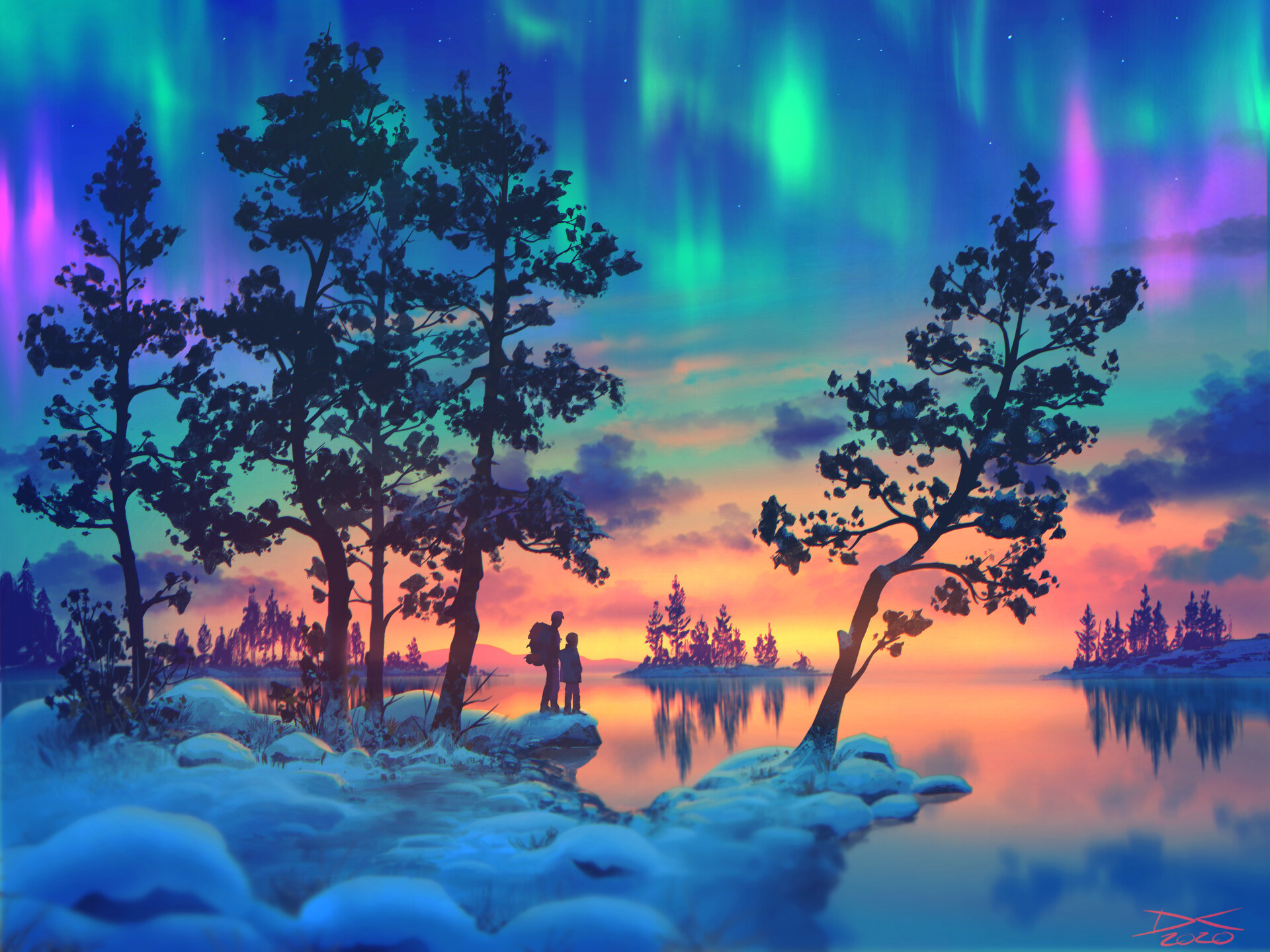 mesmerizing sunset - Art, Sunset, Polar Lights, Lake, Arcipello