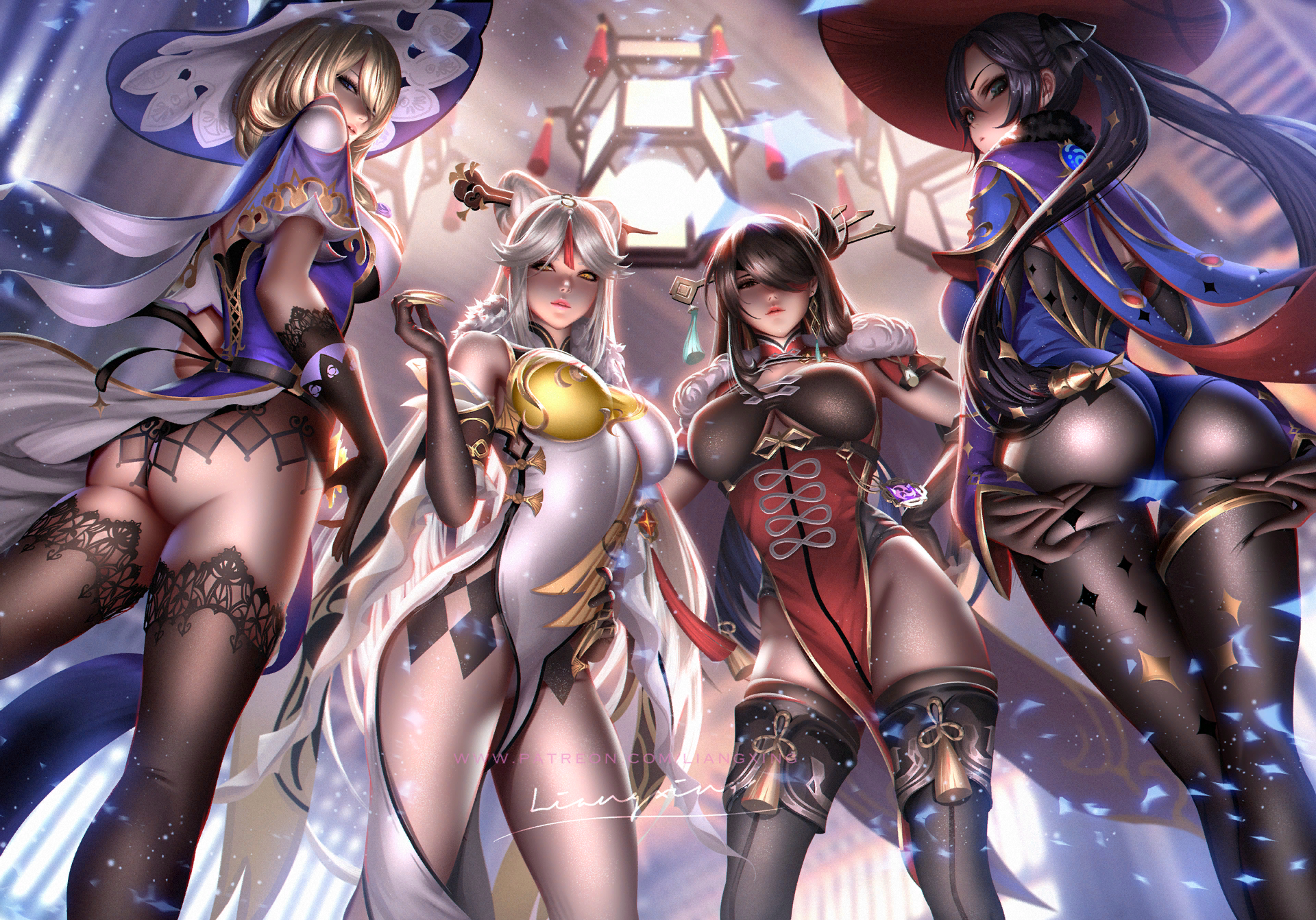 Girls - NSFW, Genshin impact, Lisa, Ningguang, Beidou, Mona, Anime art, Art, Games, , Liang xing, Lisa (Genshin Impact)