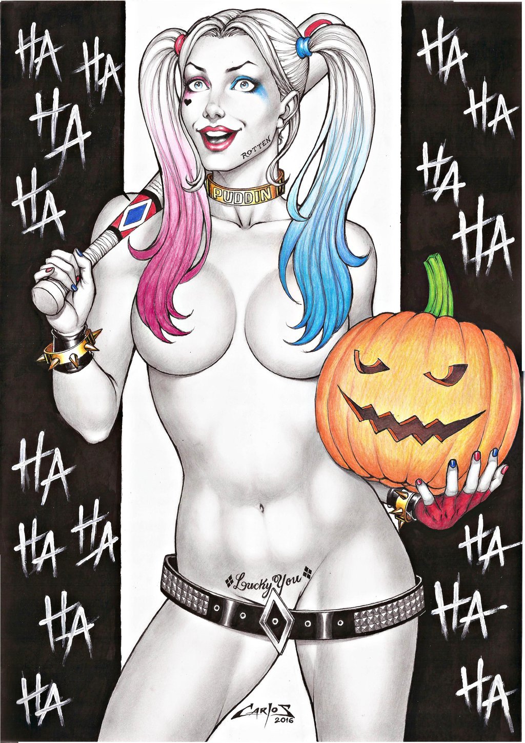 2016 Suicide Squad Harley with a bat - NSFW, Art, Hand-drawn erotica, Fan art, Dc comics, Harley quinn, Suicide Squad, , Girls, , Bit, Pumpkin, Underpants, Booty, Boobs, Girl with tattoo, Longpost