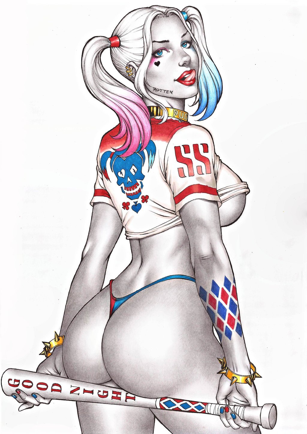 2016 Suicide Squad Harley with a bat - NSFW, Art, Hand-drawn erotica, Fan art, Dc comics, Harley quinn, Suicide Squad, , Girls, , Bit, Pumpkin, Underpants, Booty, Boobs, Girl with tattoo, Longpost