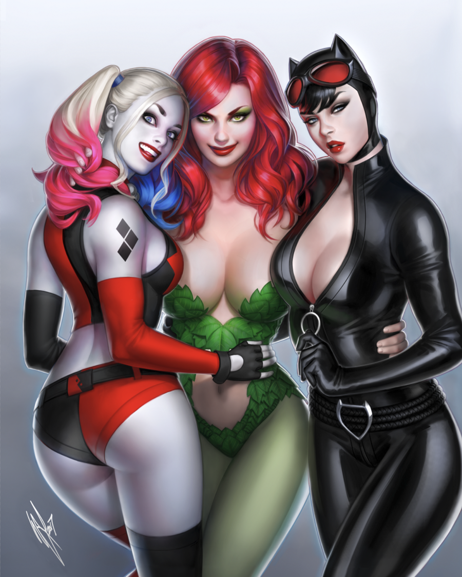 Few Gotham Sirens - NSFW, Art, Hand-drawn erotica, Dc comics, Harley quinn, Poison ivy, Catwoman, Breast, Booty, Longpost, , Warren Louw