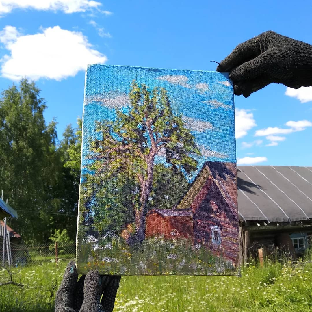 Old men (apple tree and sauna), 2017, oil, canvas, 21*30 - My, Painting, Bath, Apple tree, Plein air, Canvas, Painting, beauty of nature, Russia, , Village, Tver region