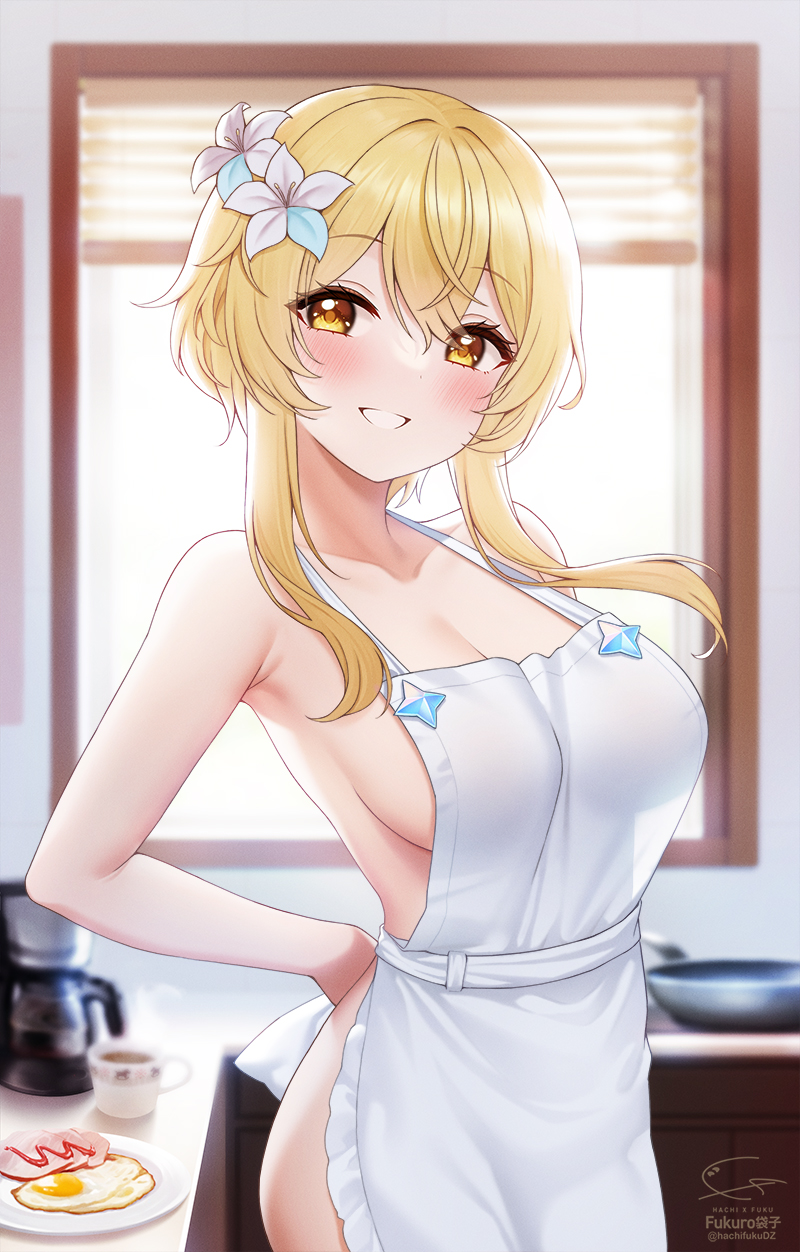 Lumine - NSFW, Genshin impact, Lumine, Games, Art, Anime, Anime art, Boobs, Apron, , Sideboob, Girls, Fukuro