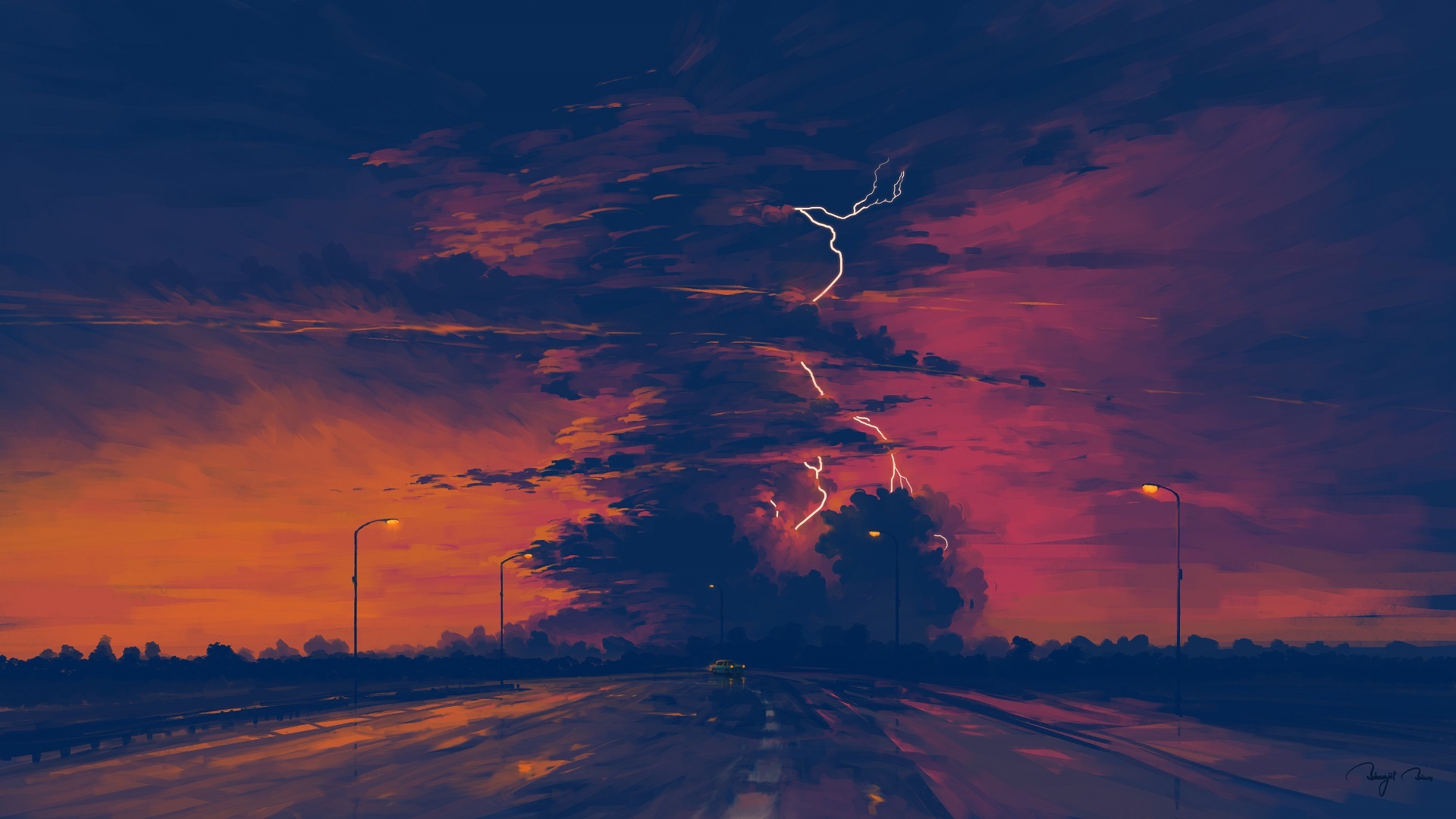 Thunderstorm - Art, Drawing, Road, Car, Thunderstorm, Bisbiswas, Sunset