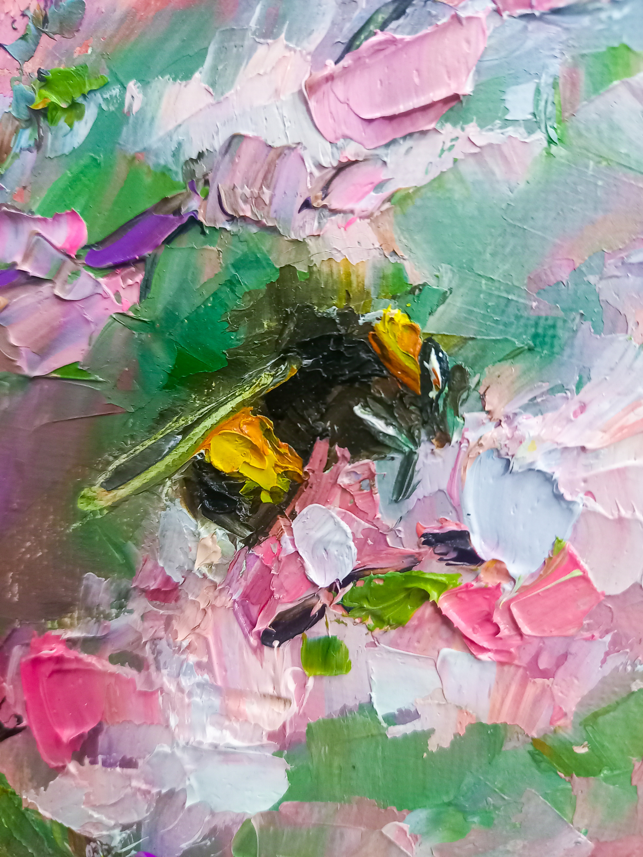 Shaggy bumblebee - for fragrant ... almonds? - My, Oil painting, Painting, Palette knife, Bumblebee, Canvas, Painting, Longpost