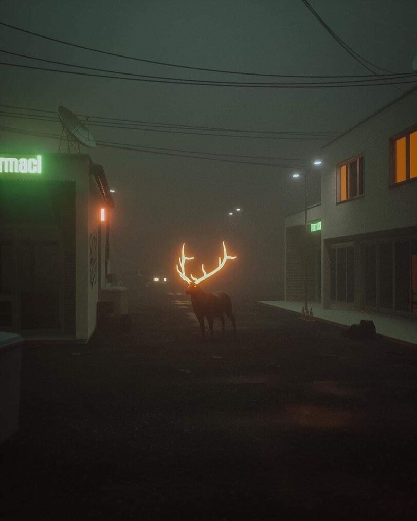 A reindeer in Finland whose antlers have been coated with reflective paint to make it less likely to be hit on the road. Looks fabulous - Finland, Deer, Horns, Photoshop