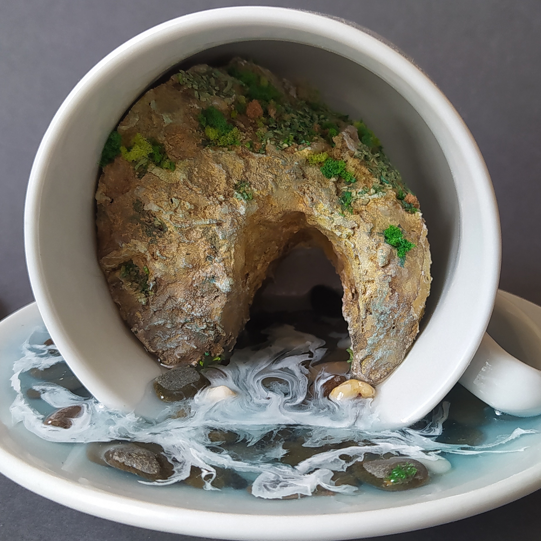 Pieces of nature in a mug - My, Needlework without process, Needlework, Epoxy resin, Sea, Waterfall, With your own hands, Crafts, Resinart, , Moss, Video, Longpost