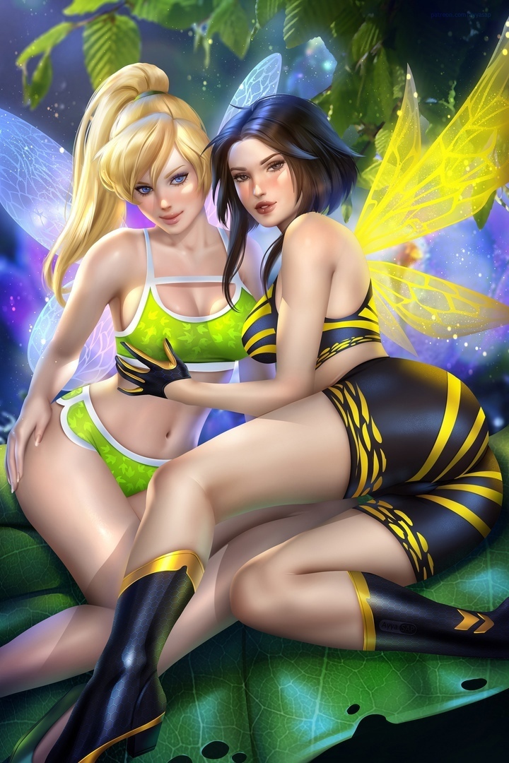 Tinker Bell & Wasp - NSFW, Art, Hand-drawn erotica, AyyaSAP, Marvel, Walt disney company, Crossover, Fairy Tinker Bell, Wasp, , Stockings, Underwear, Booty, Breast, Lesbian, Labia, Longpost