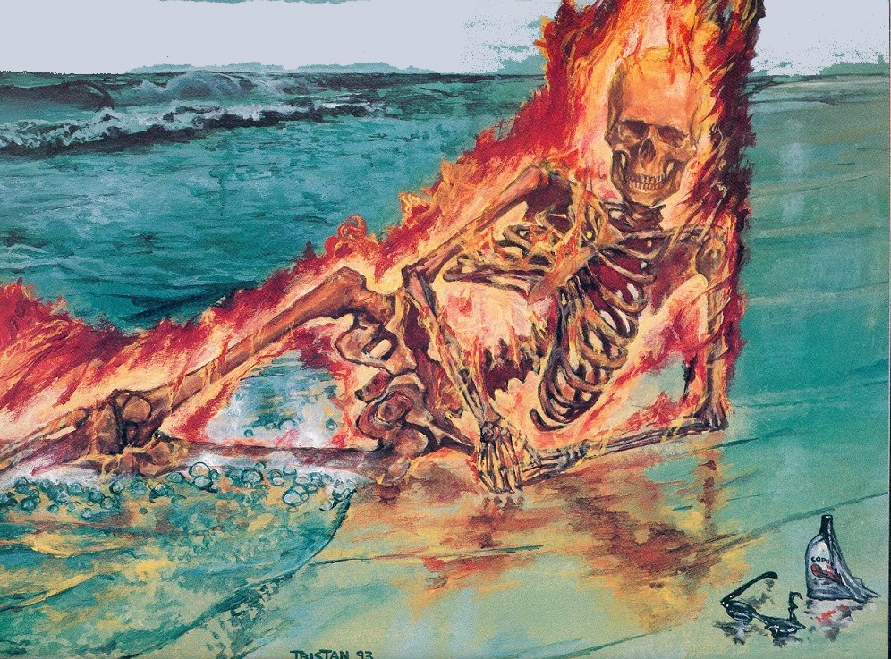 Summer... I'm fried like a cutlet... - Skeleton, Art, Heat, Humor, Summer, Beach