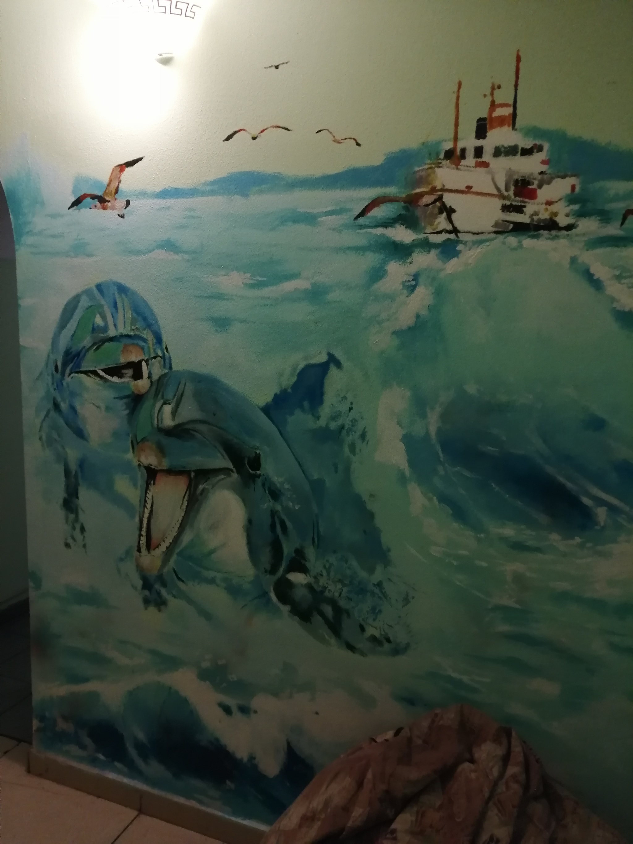 When there is nothing to pay for the hostel) - My, Saint Petersburg, Hostel, Wall, Wall painting, Drawing on the wall, Dolphin, Ocean, Longpost