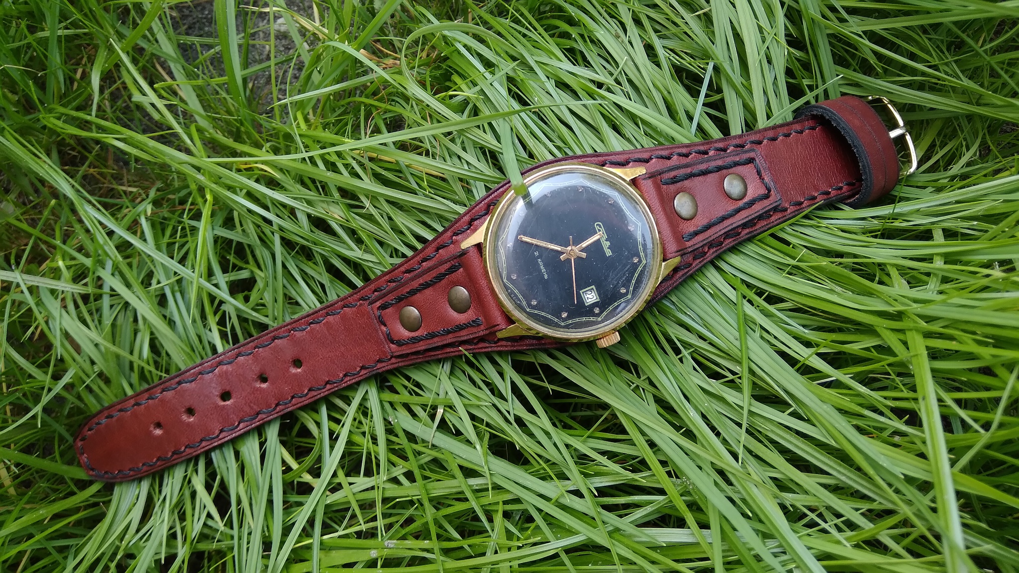 Watch strap Slava. - My, Needlework without process, Leather products, Strap, Made in USSR, Wrist Watch, Clock, Mechanical watches, Natural leather, , Handmade, With your own hands, the USSR, Male style, Wristband, Longpost