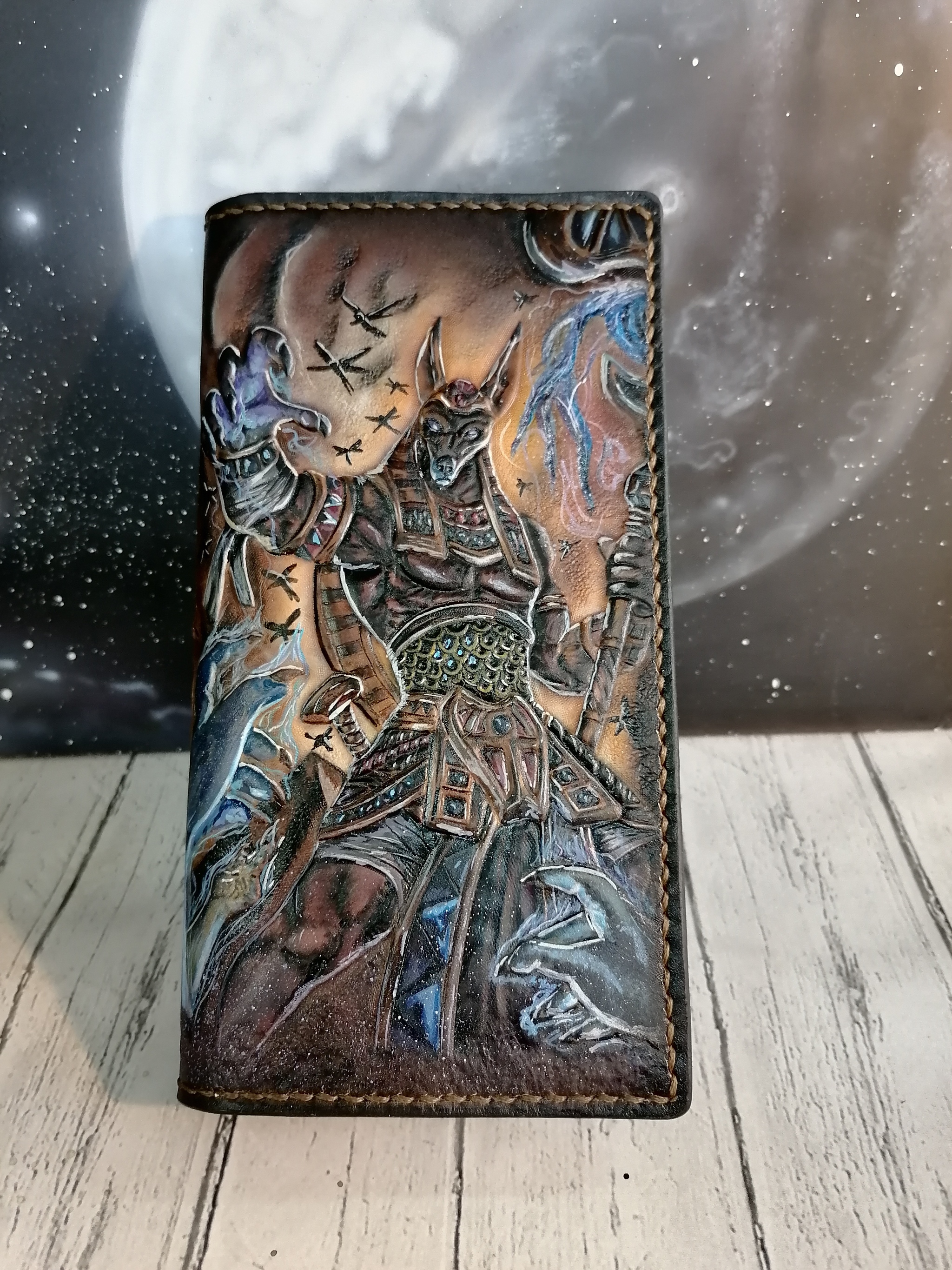 Long Wallet Egyptian Gods - My, Leather products, Wallet, Purse, Handmade, Embossing on leather, Longpost