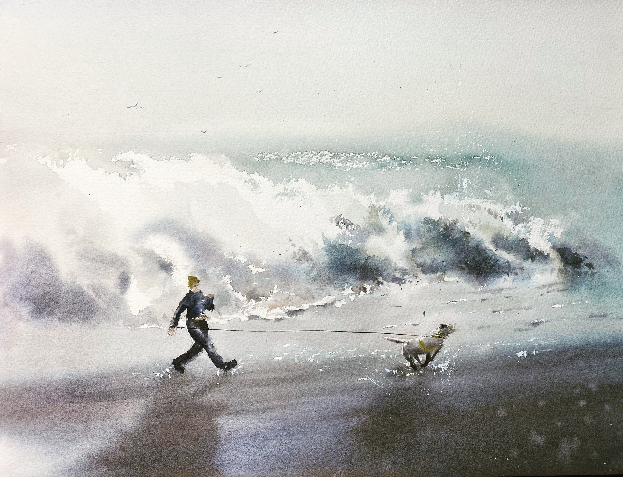 Racing with the wave. - My, Watercolor, Drawing, Dog