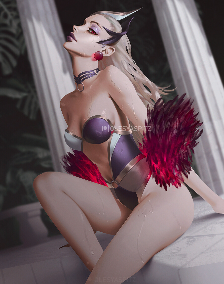 Evelynn - NSFW, Drawing, League of legends, KDA, Evelynn, Girls, Swimming pool, Erotic, Art, Longpost