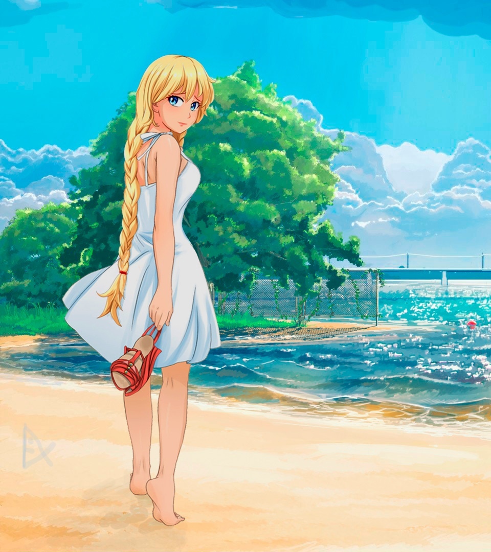 Slavia on the beach - Endless summer, Visual novel, Camp owlet, Glorifying, Art, Fan art, Summer, Beach